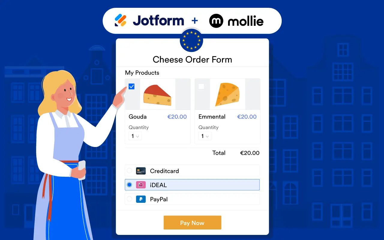 Illustration of a Jotform + Mollie integration showing a Cheese Order Form with Gouda and Emmental products priced at €20