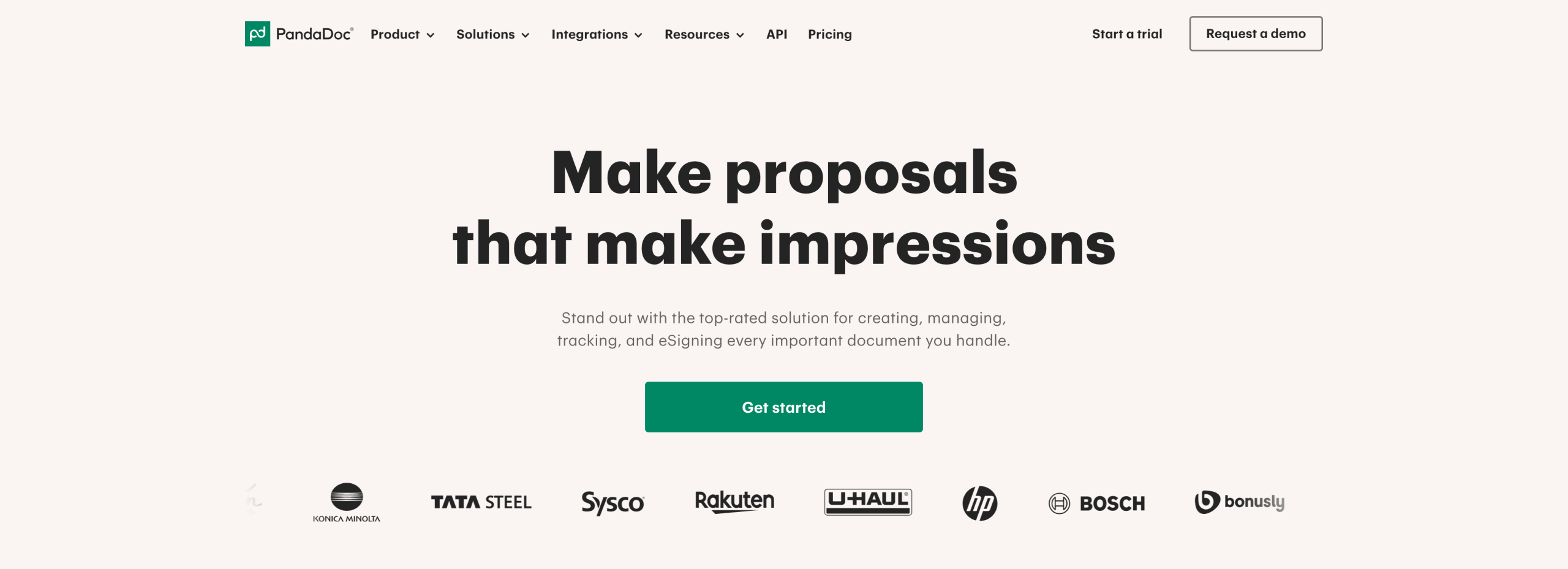 Screenshot of PandaDoc's landing page, showing a headline "Make proposals that make impressions"