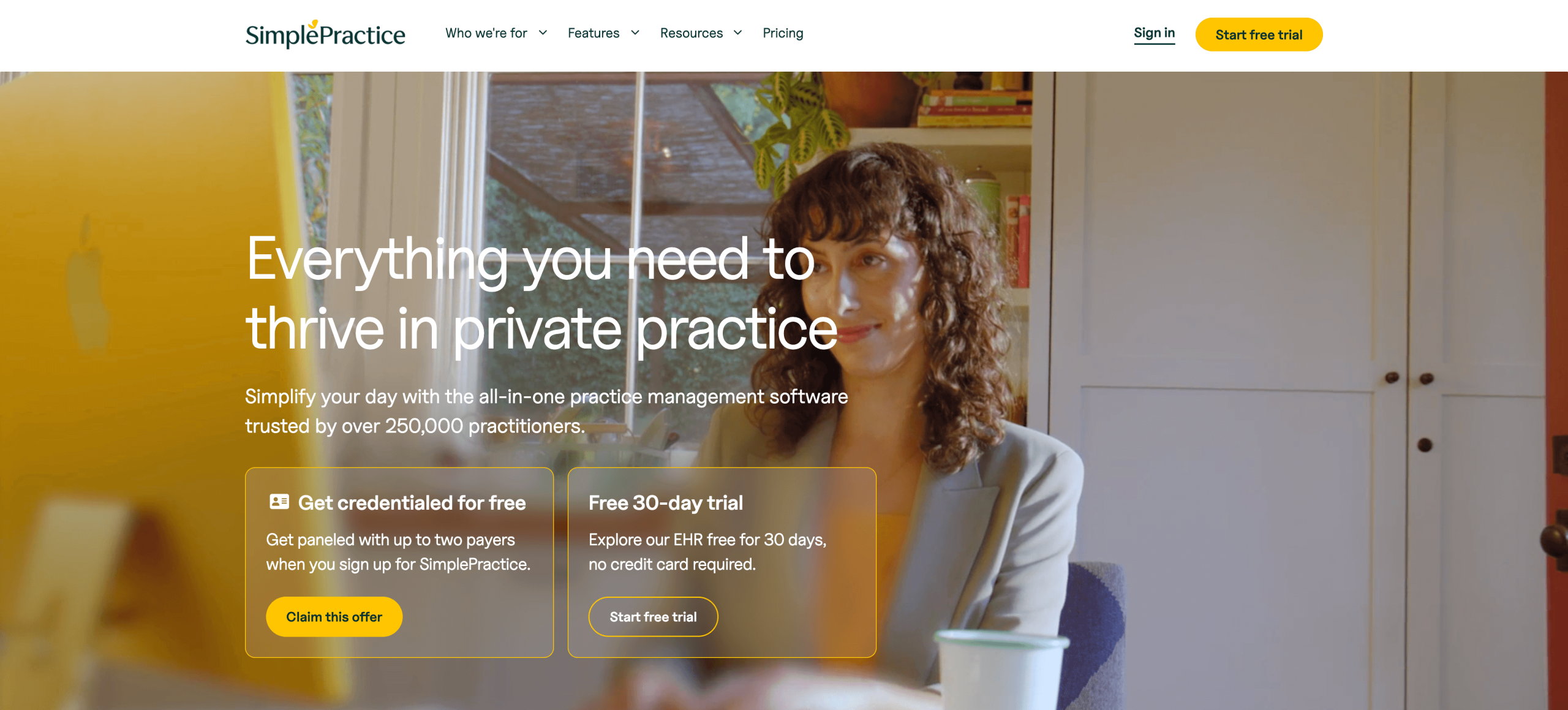 Screenshot of SimplePractice's landing page, showing a headline "Everything you need to thrive in private practice"