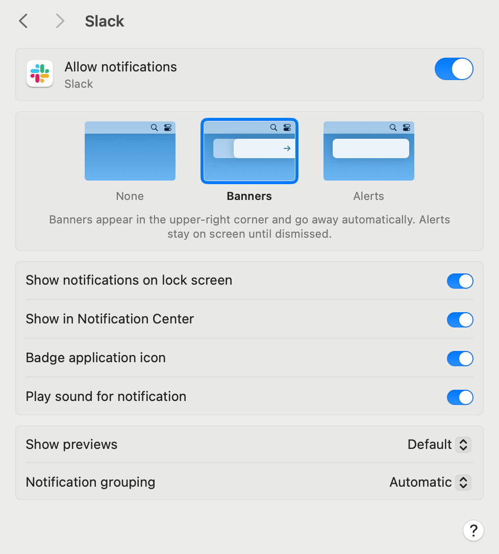 Mac system notification settings for Slack with “Allow notifications” toggled on and banner style options displayed