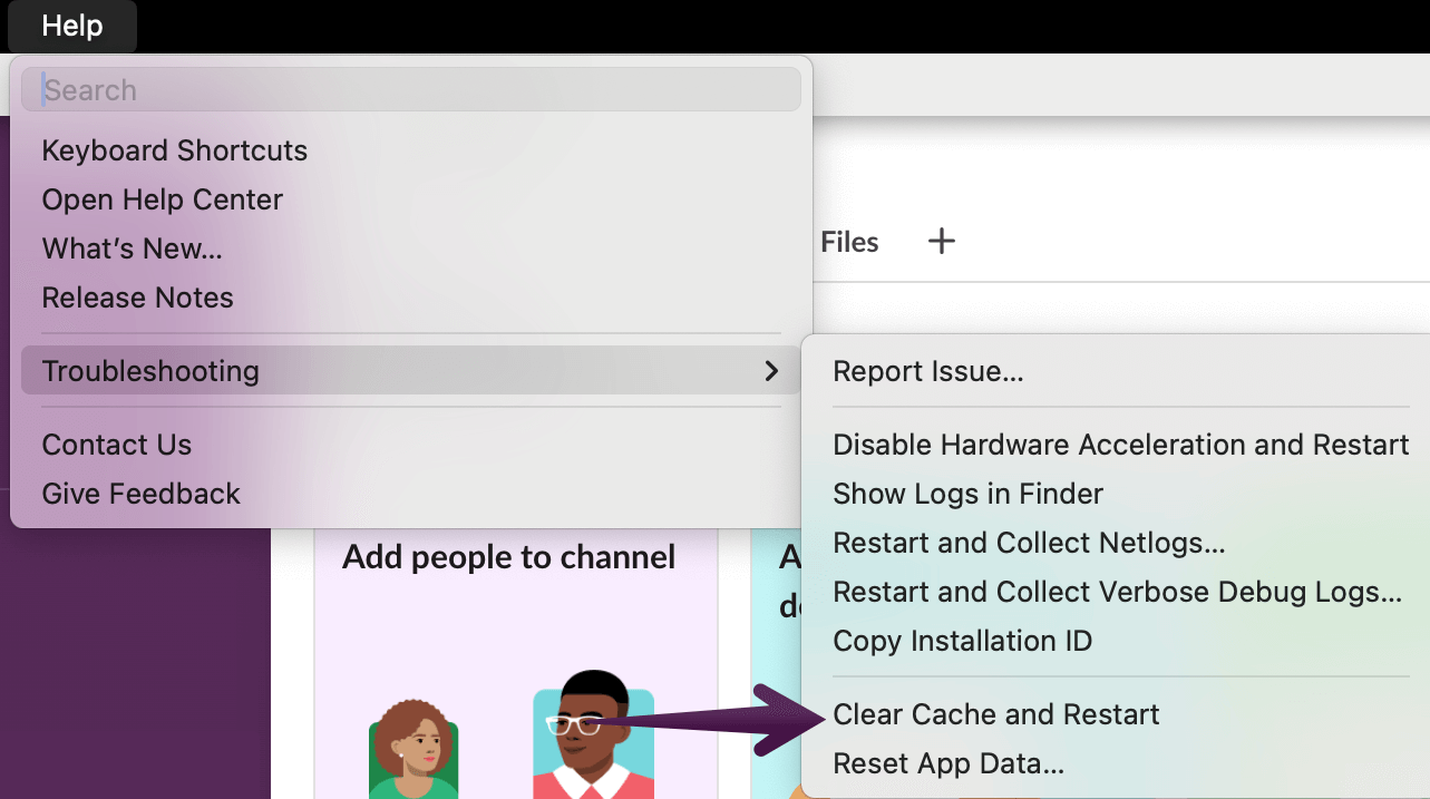 vSlack Help menu expanded to “Troubleshooting,” highlighting the “Clear Cache and Restart” option