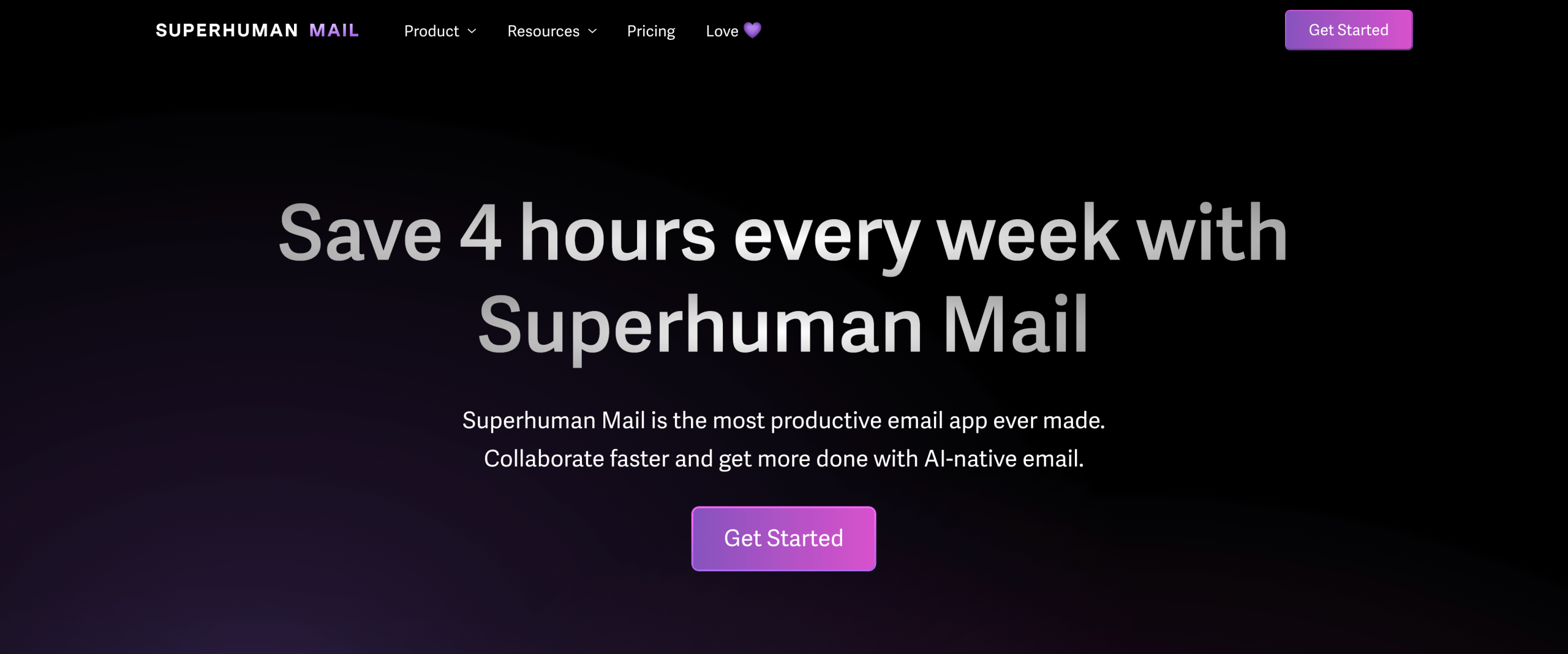 Screenshot of Superhuman's landing page, showing a headline "Save 4 hours every week with Superhuman Mail"
