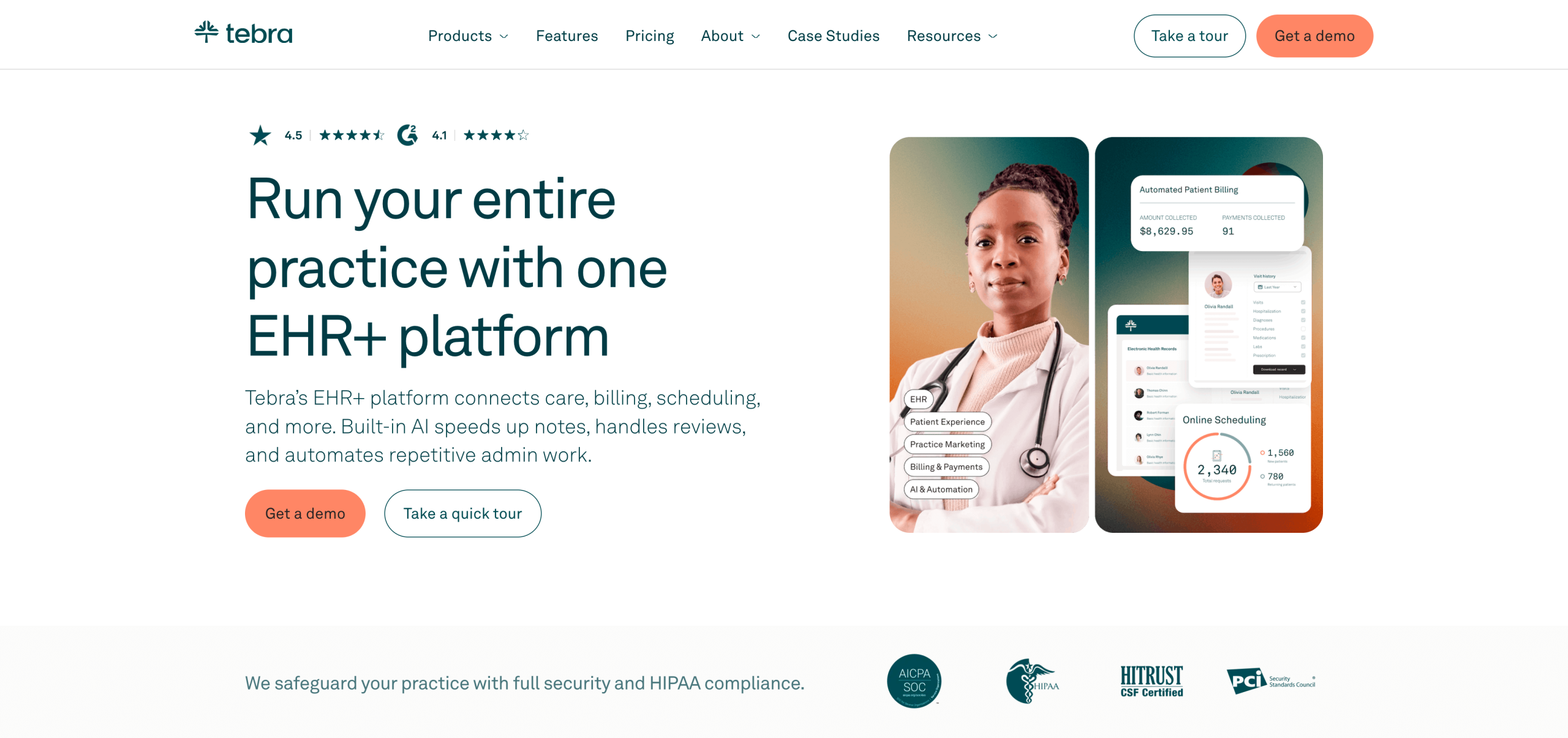 Screenshot of Tebra's landing page, showing a headline "Run your entire practice with one EHR+ platform"