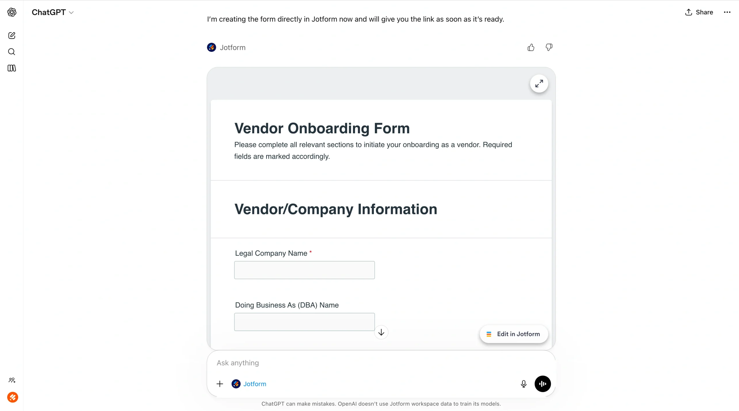 Screenshot of ChatGPT generating a vendor onboarding form through the Jotform ChatGPT App, with a preview showing sections like Vendor/Company Information and editable form fields