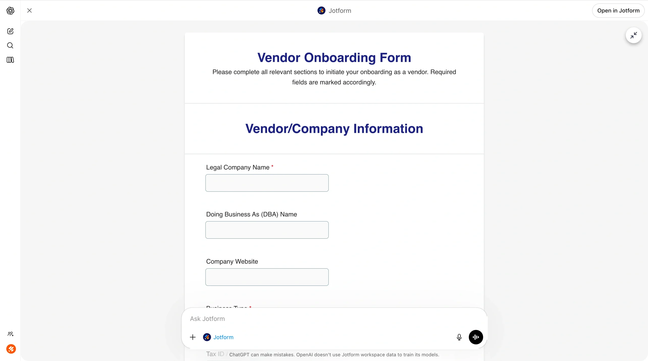 Screenshot of the updated vendor onboarding form in the Jotform ChatGPT App, showing branded blue headings and additional company information fields after design customization