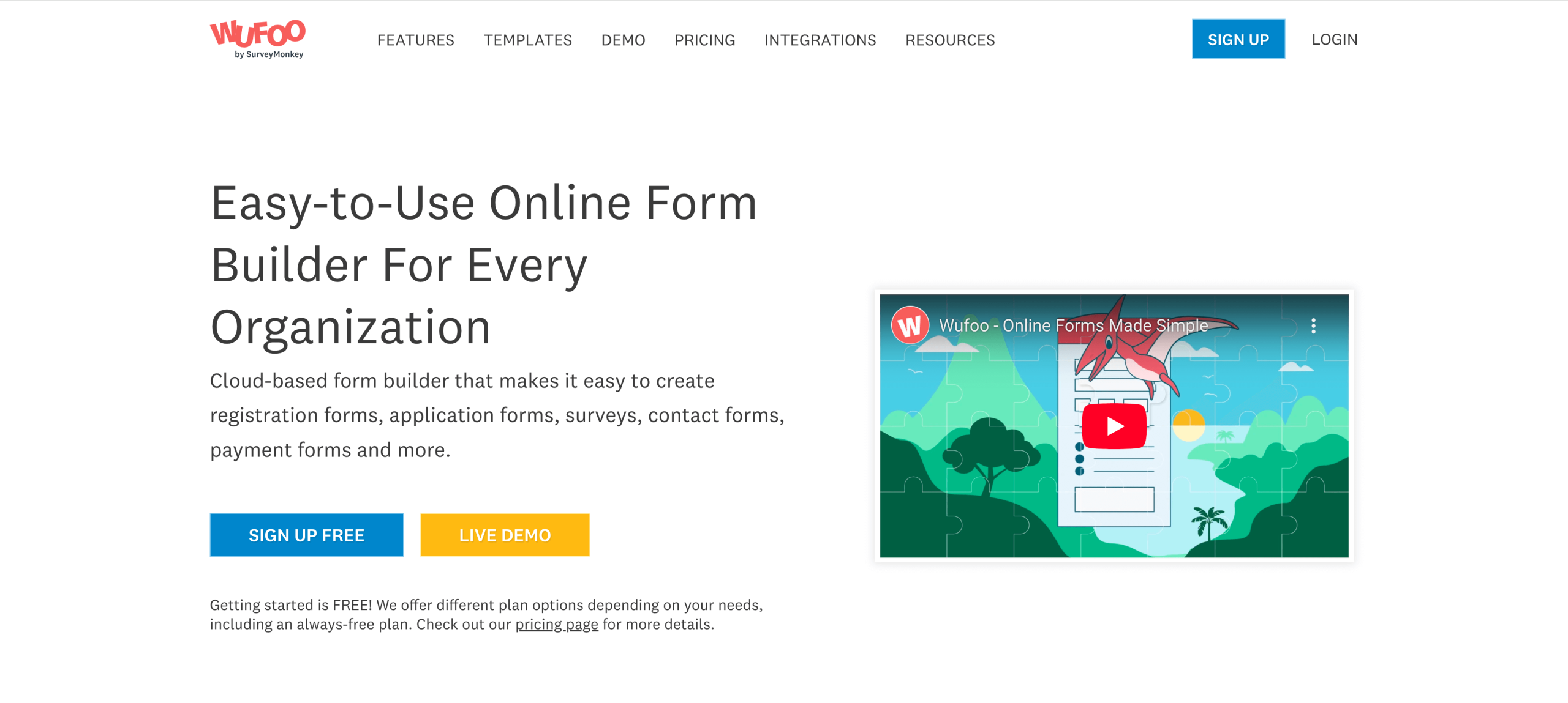 Screenshot of Wufoo's landing page, showing a headline "Easy-to-Use Online Form Builder For Every Organization"