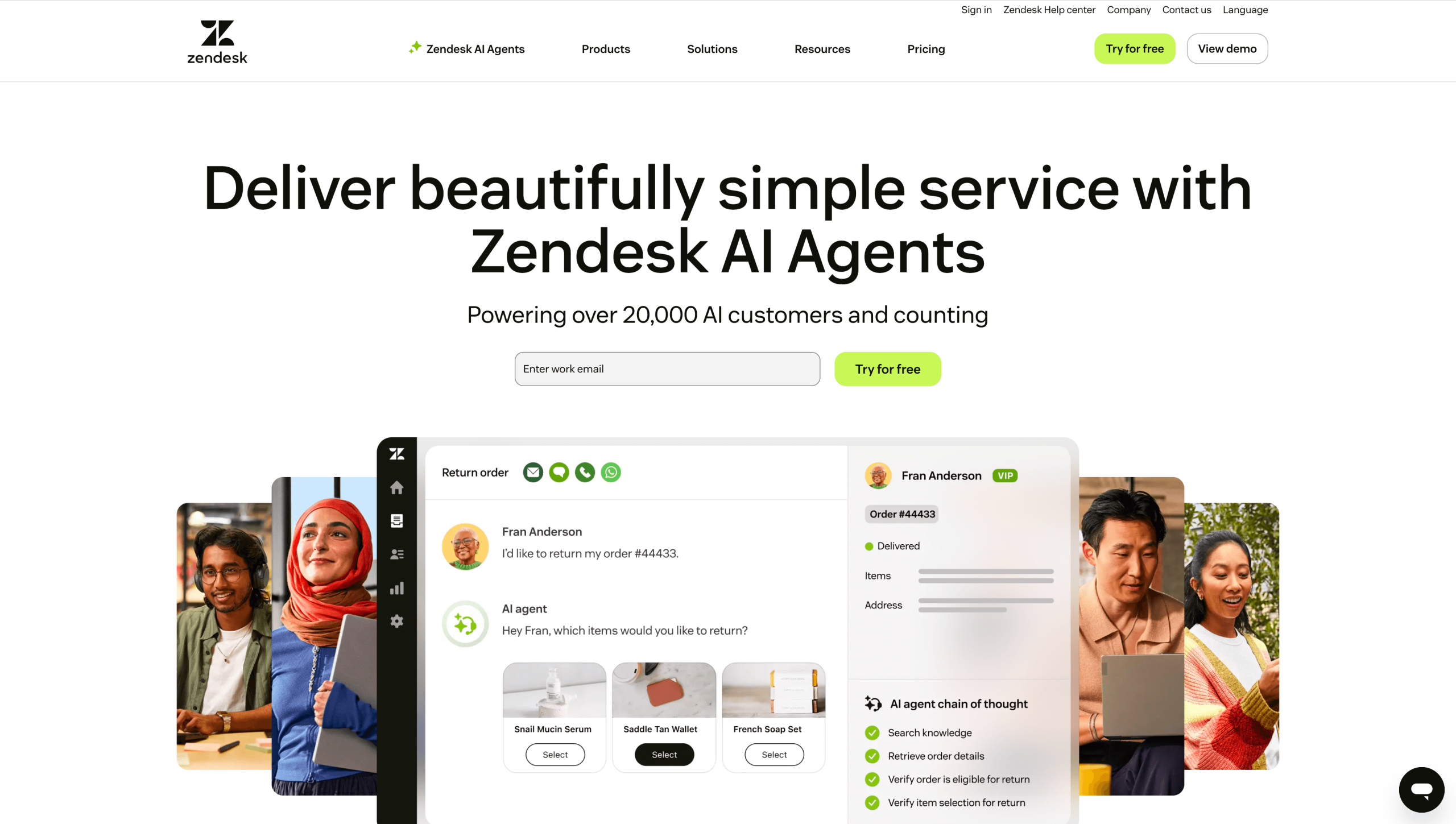 Screenshot of Zendesk's landing page, showing a headline "Deliver beautifully simple service with Zendesk AI Agents"