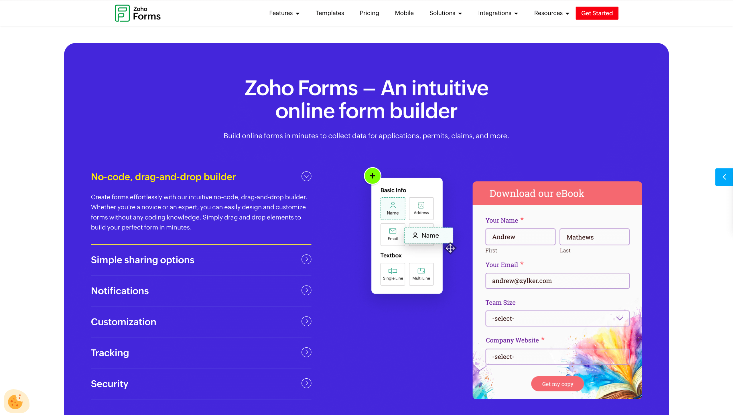 Screenshot of Zoho Forms' landing page, showing a headline "Zoho Forms - An intuitive online form builder"