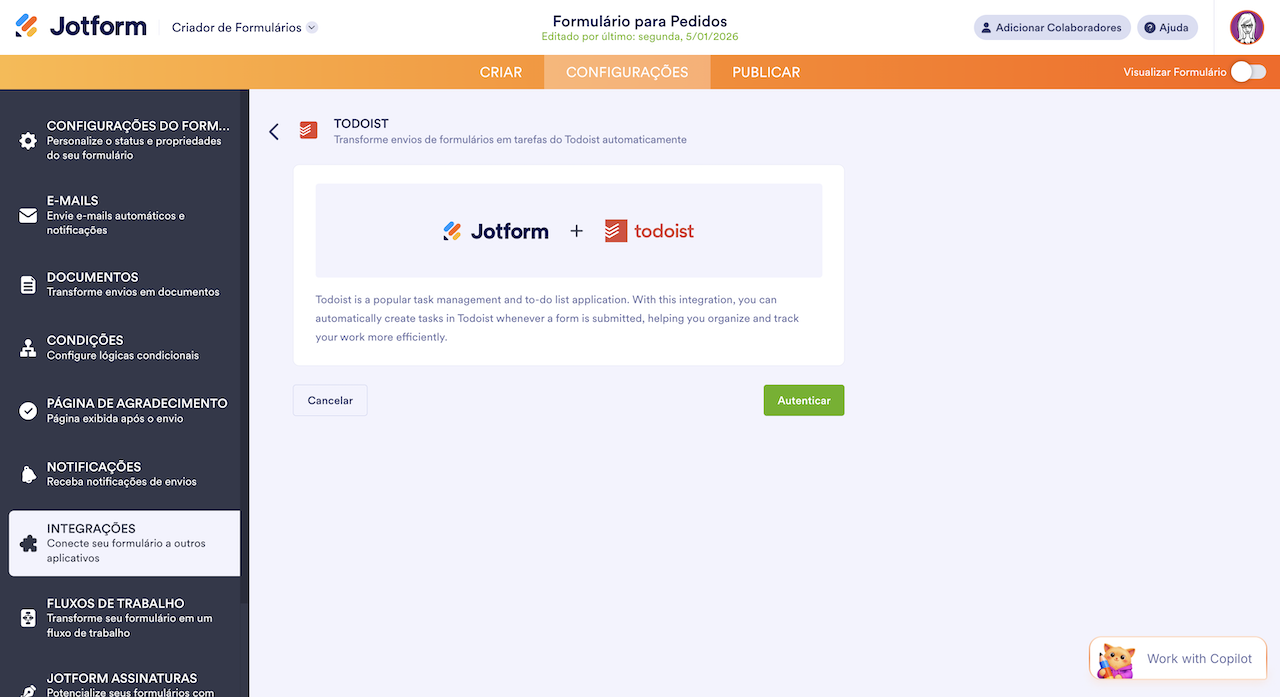 Visualizando a Integração do Todoist no Criador de Formulários Jotform