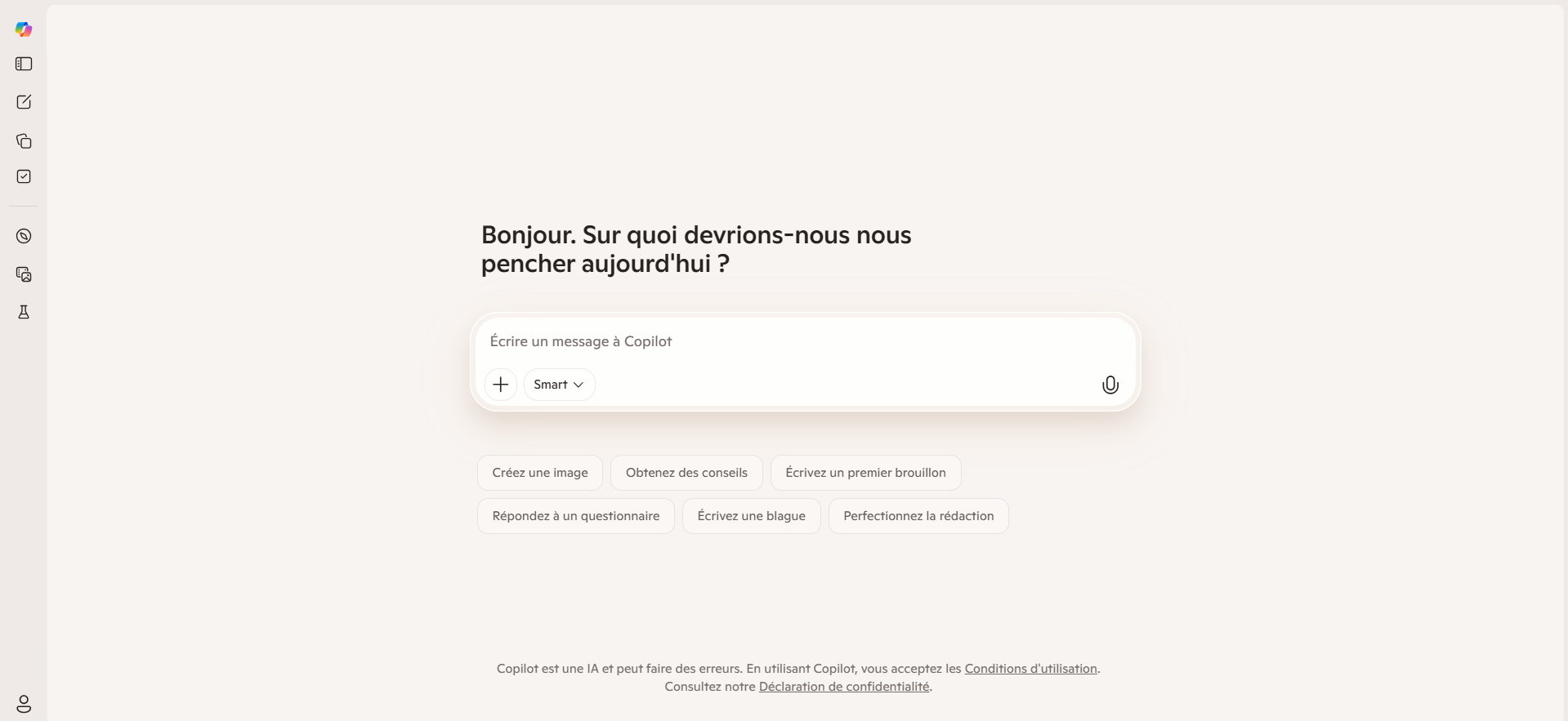 Capture d'écran de la page d'accueil de Microsoft Copilot