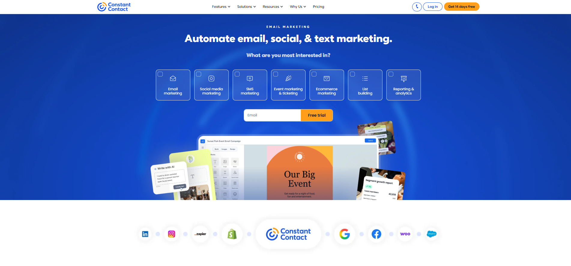 Capture d'écran de la page d'accueil du site web Constant Contact