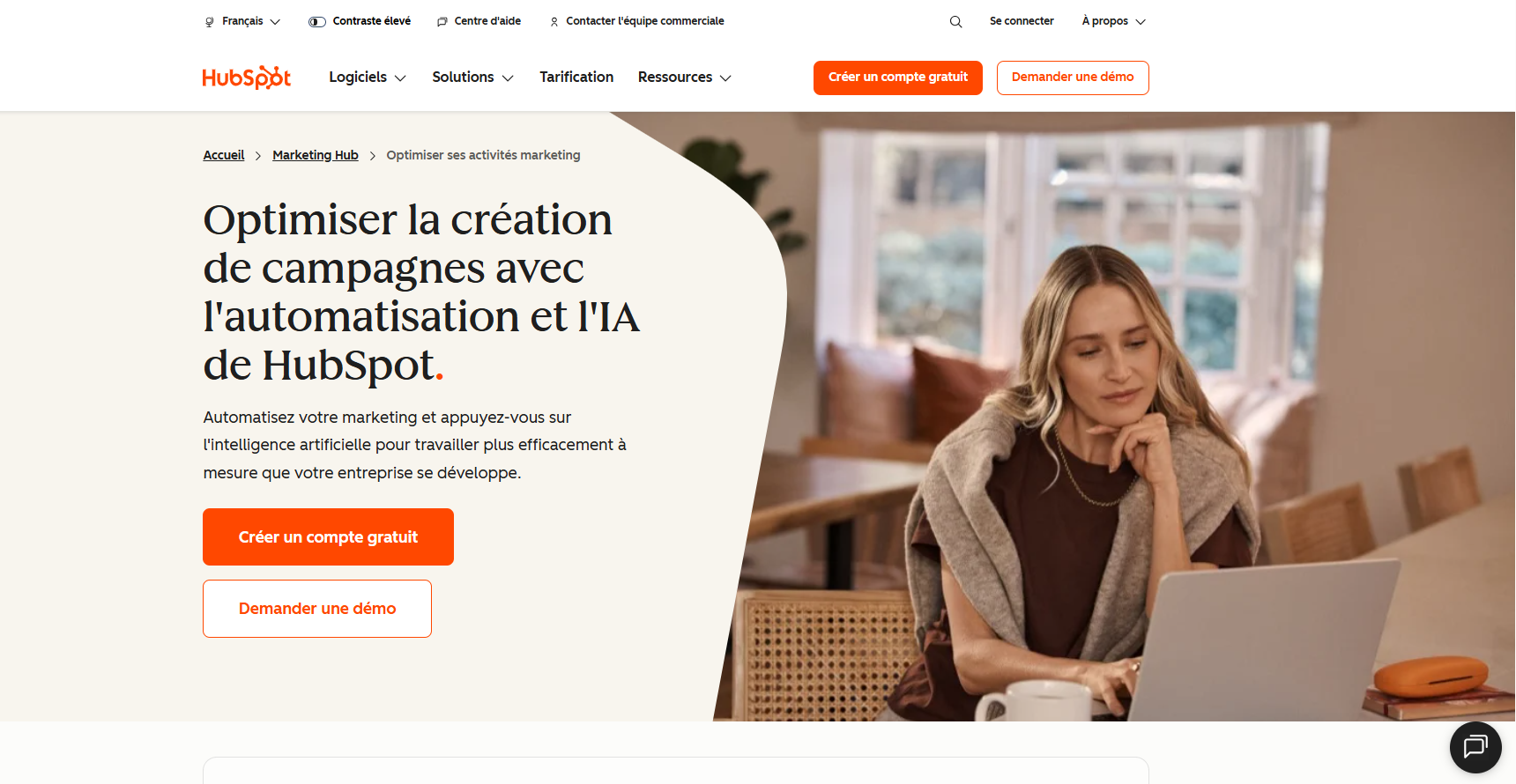 Capture d'écran de la page produit dédiée à l'automatisation marketing sur le site web HubSpot