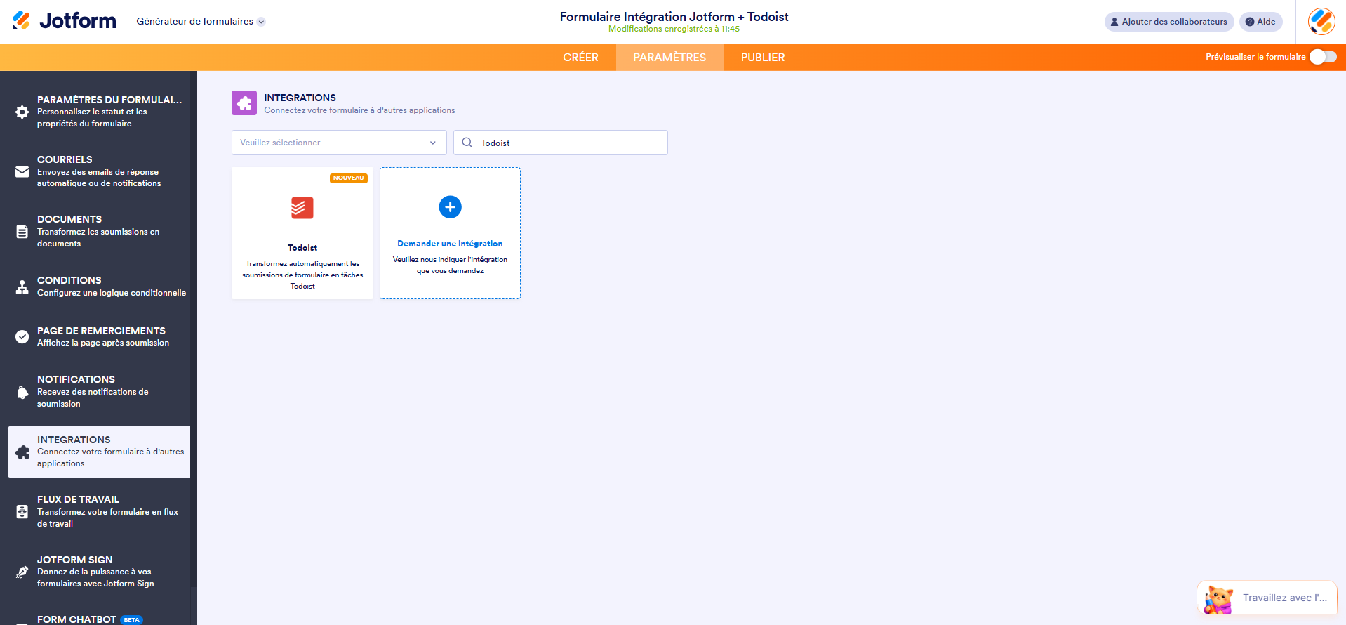Capture d'écran de la page Intégrations dans le Générateur de formulaires Jotform avec une recherche de l'intégration Todoist