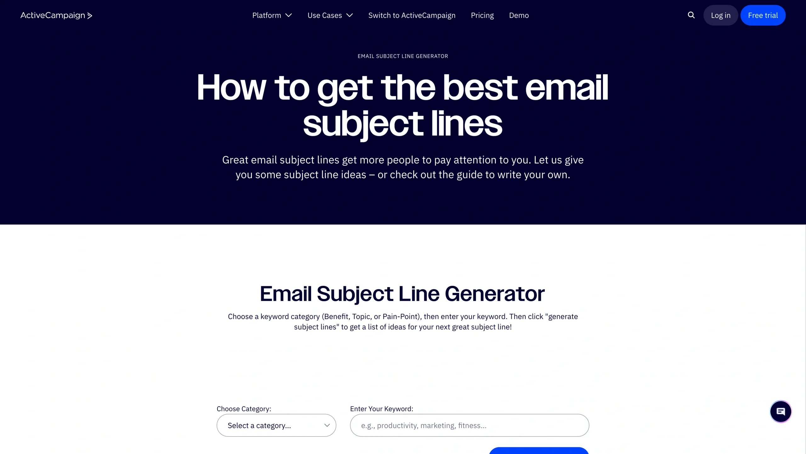 Screenshot of ActiveCampaign's Email Subject Line Generator landing page