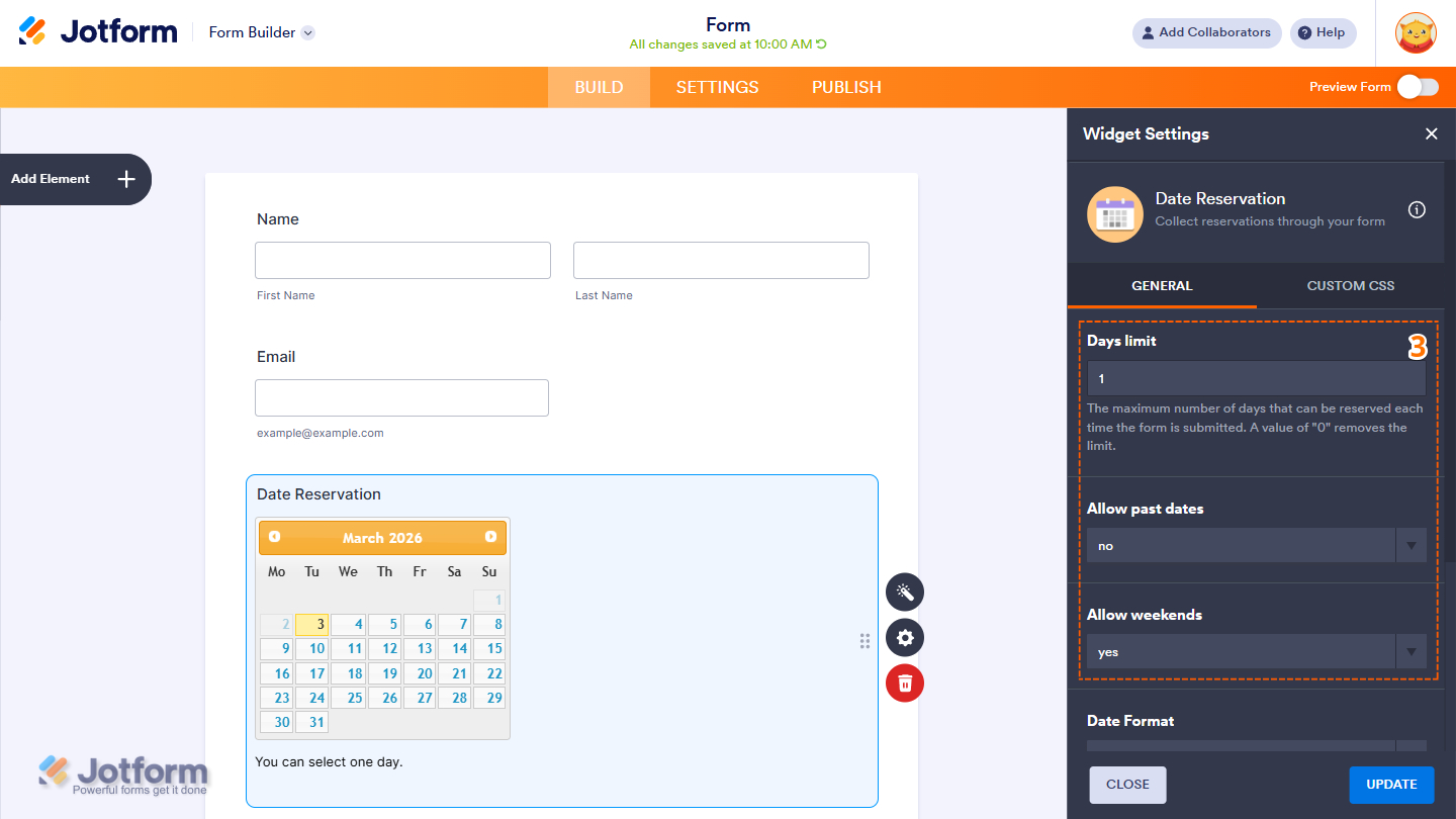 Days Limit, Allow Past Dates, and Allow Weekends in the Data Reservation Widget Settings menu