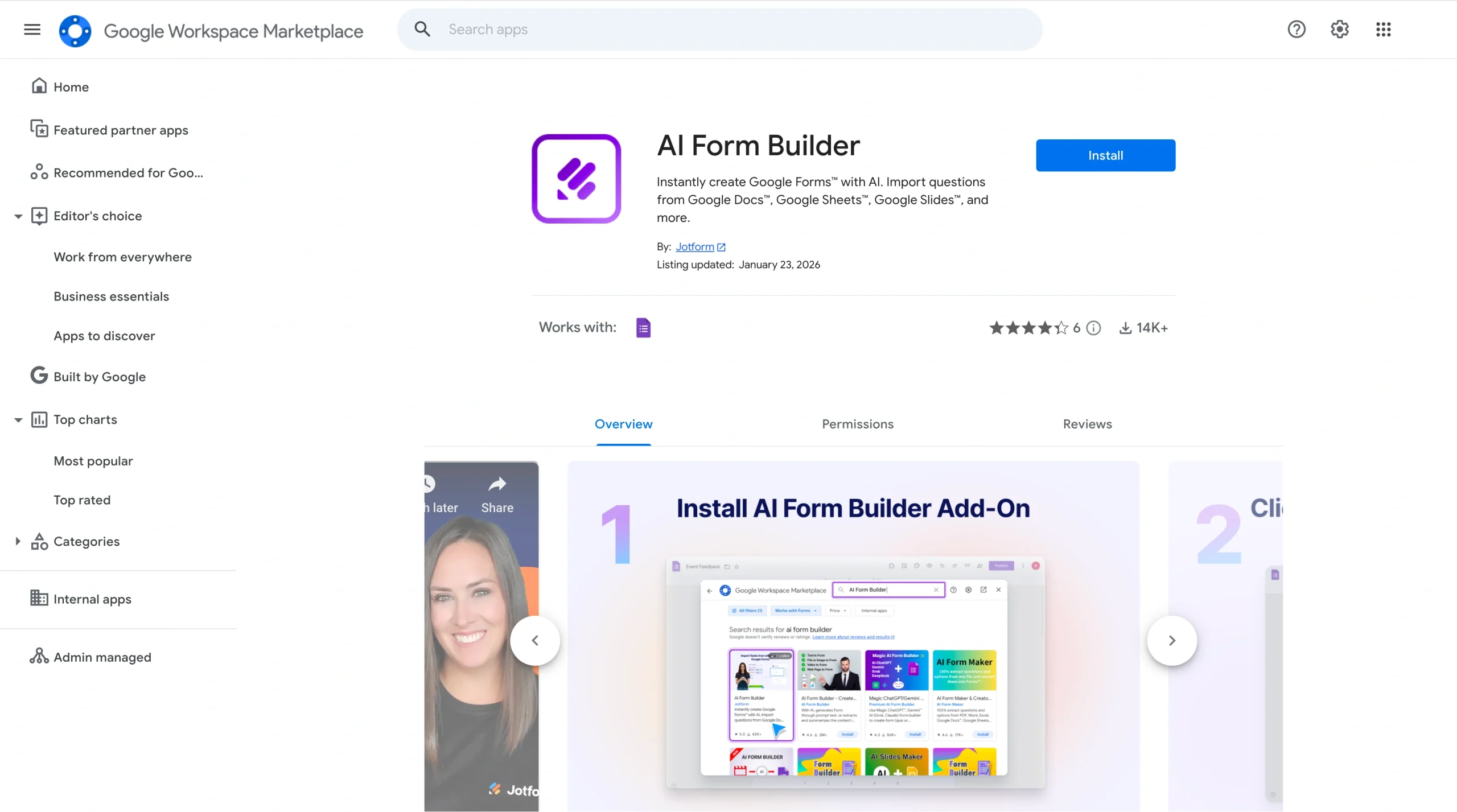 Screenshot of the Google Workspace Marketplace landing page, showing Jotform's AI Form Builder add-on