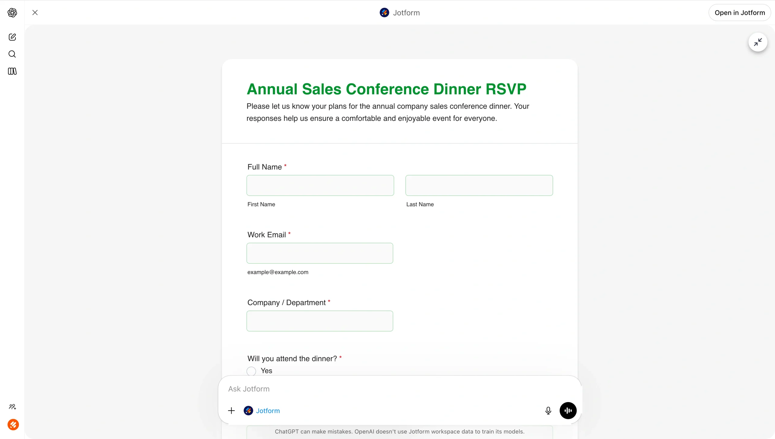 Updated form preview in ChatGPT after styling changes, showing a cleaner design with green used as the primary color
