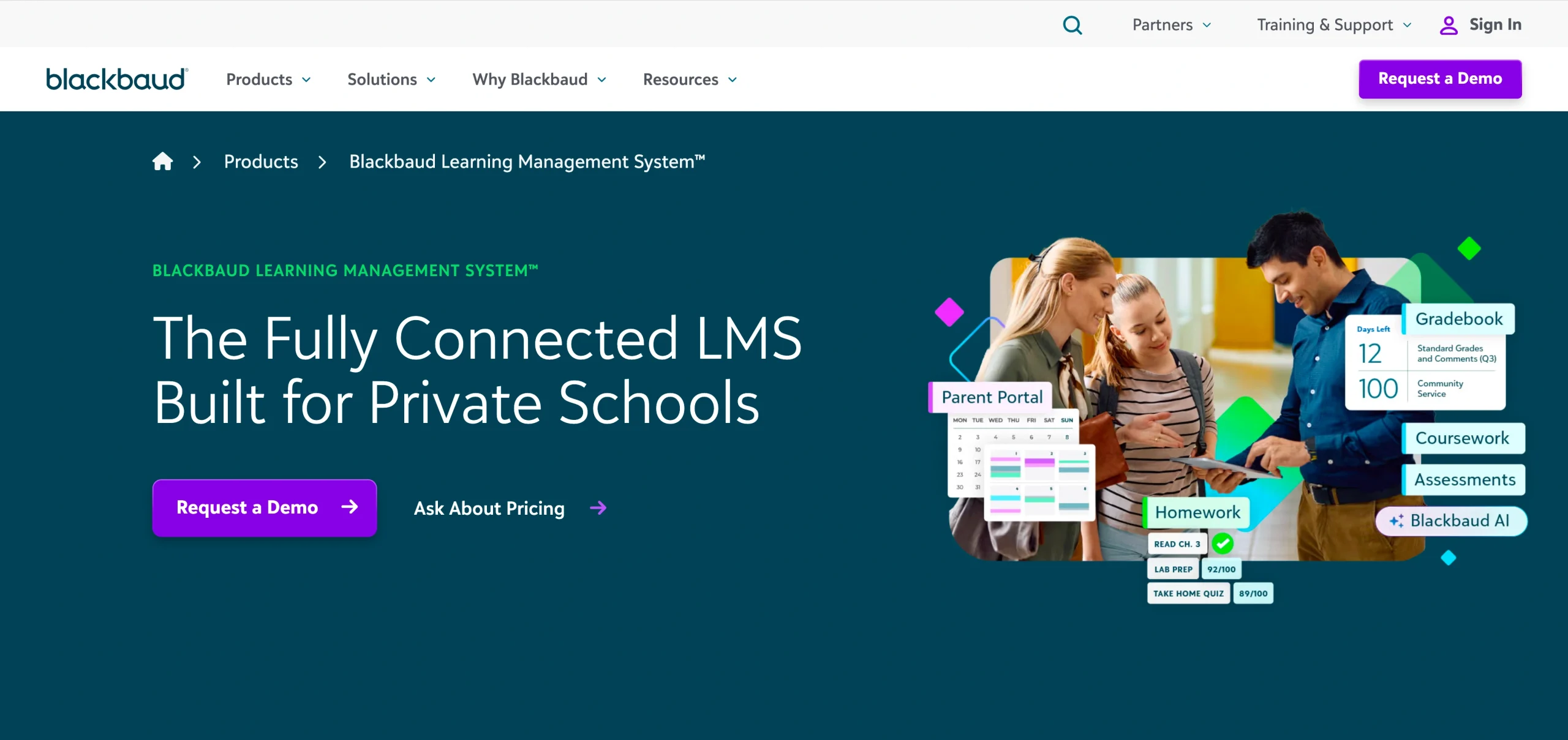 Screenshot of Blackboud landing page, showing a headline "The Fully Connected LMS Built for Private Schools"