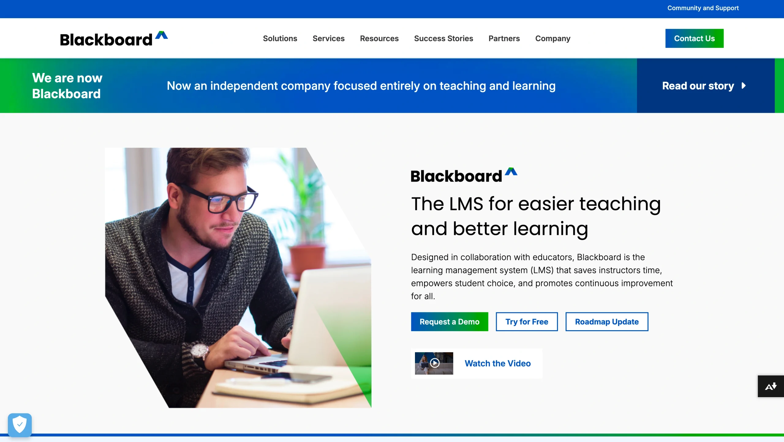 Screenshot of Blackboard's landing page, showing a headline "The LMS for easier teaching and better learning"
