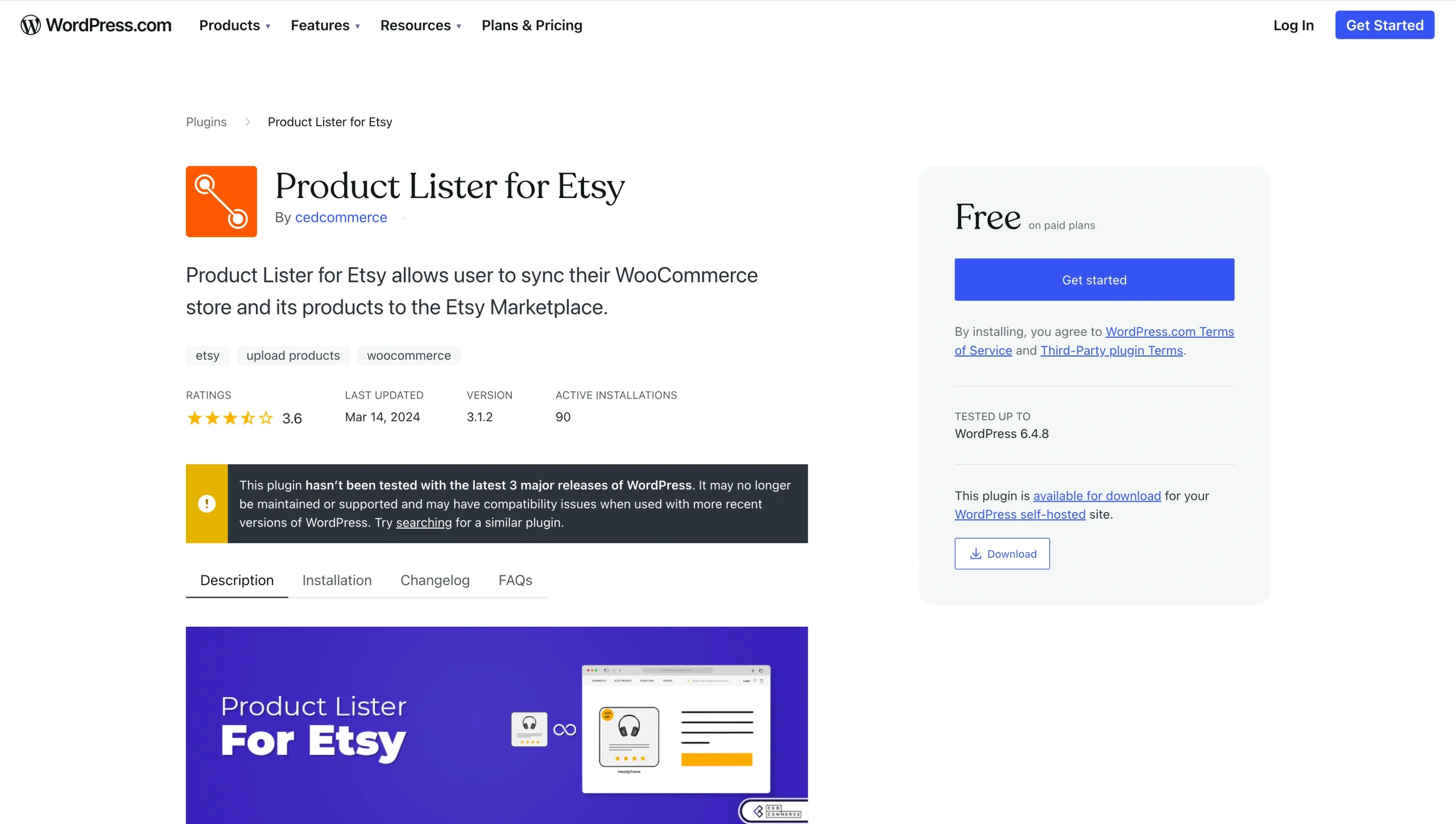 WordPress plugin page for “Product Lister for Etsy” showing plugin details, ratings, version, and a “Get started” button