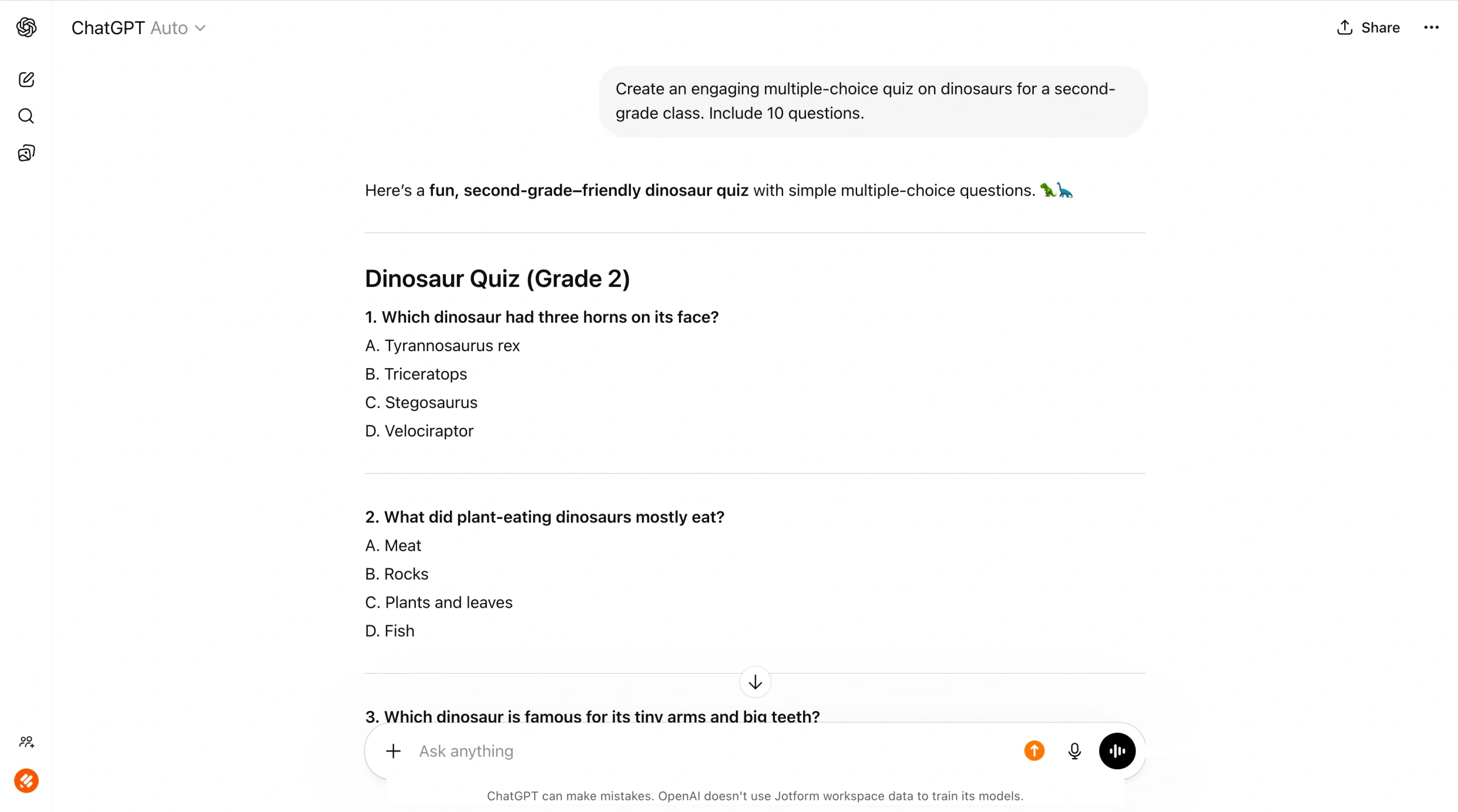 Screenshot of ChatGPT displaying a multiple-choice dinosaur quiz with several numbered questions and answer options in the chat window