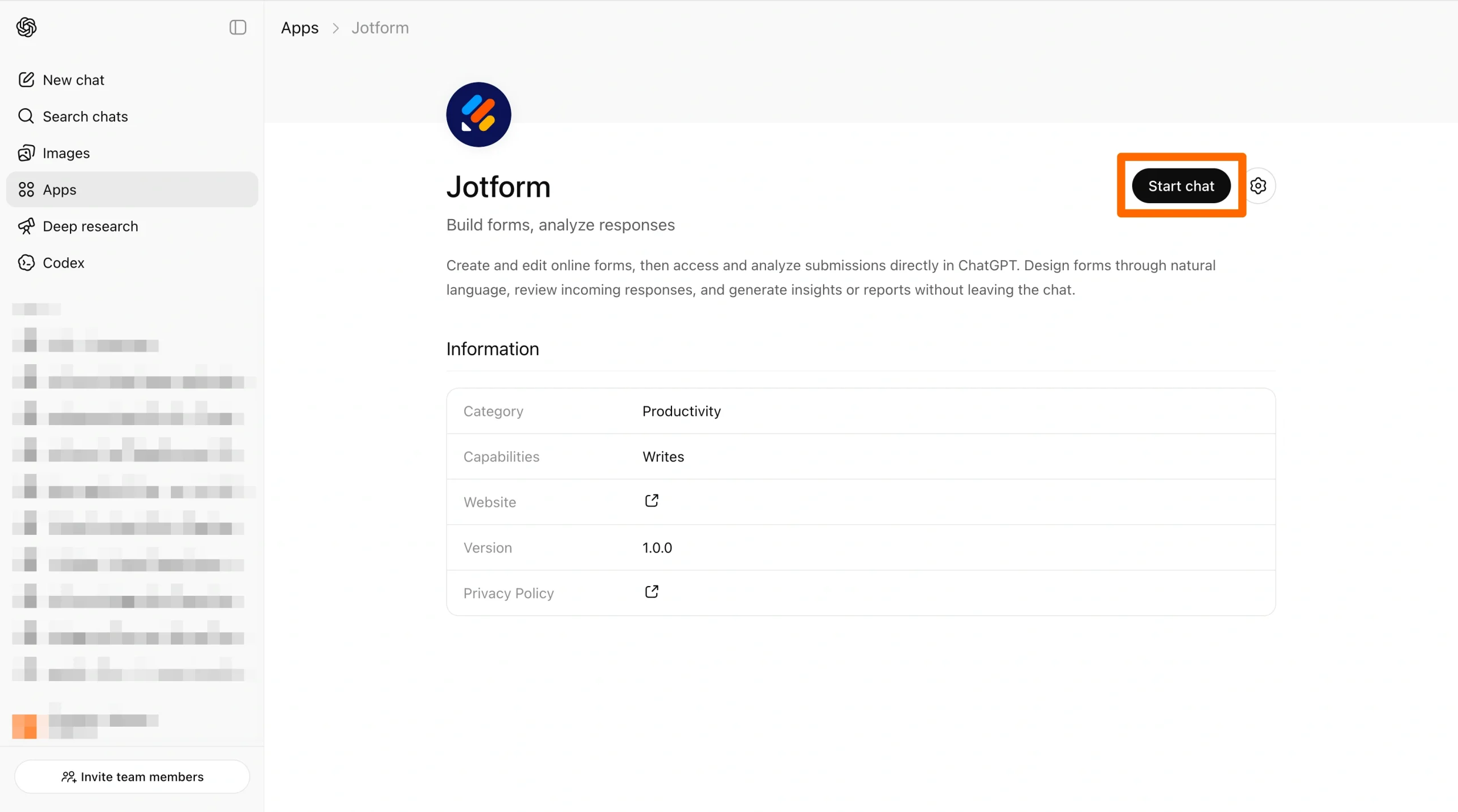 Screenshot of the Jotform integration page in ChatGPT with the “Start chat” button highlighted