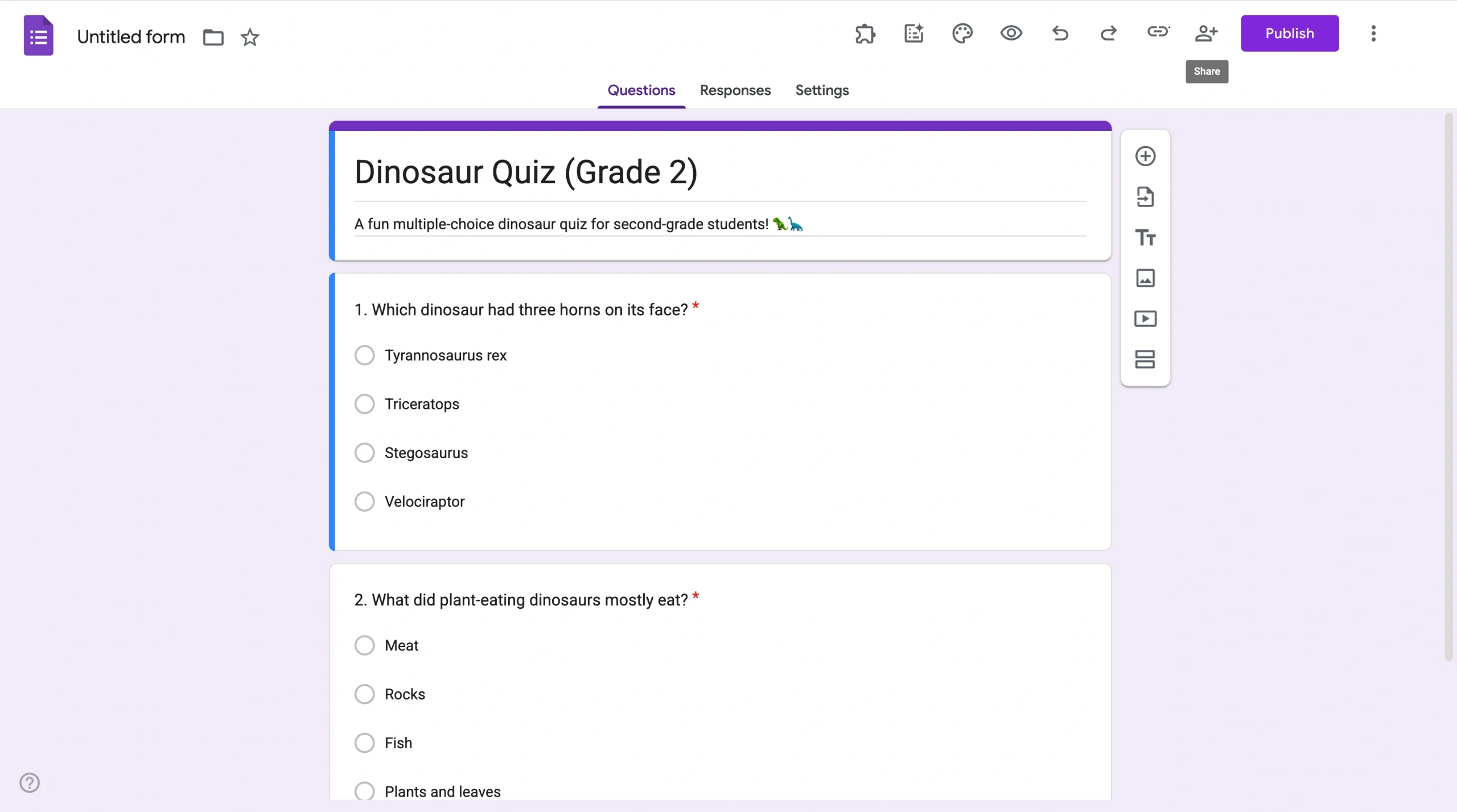 Screenshot of a completed Google Form titled “Dinosaur Quiz (Grade 2)” showing multiple-choice questions and answer options