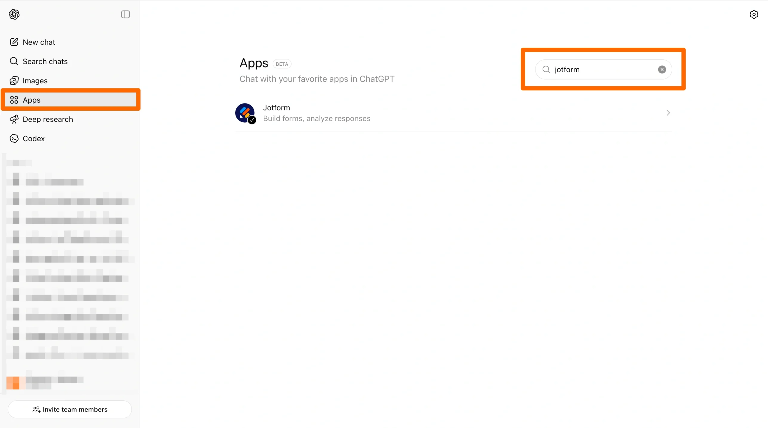 Screenshot of the ChatGPT Apps panel with Jotform highlighted after being searched in the Apps list