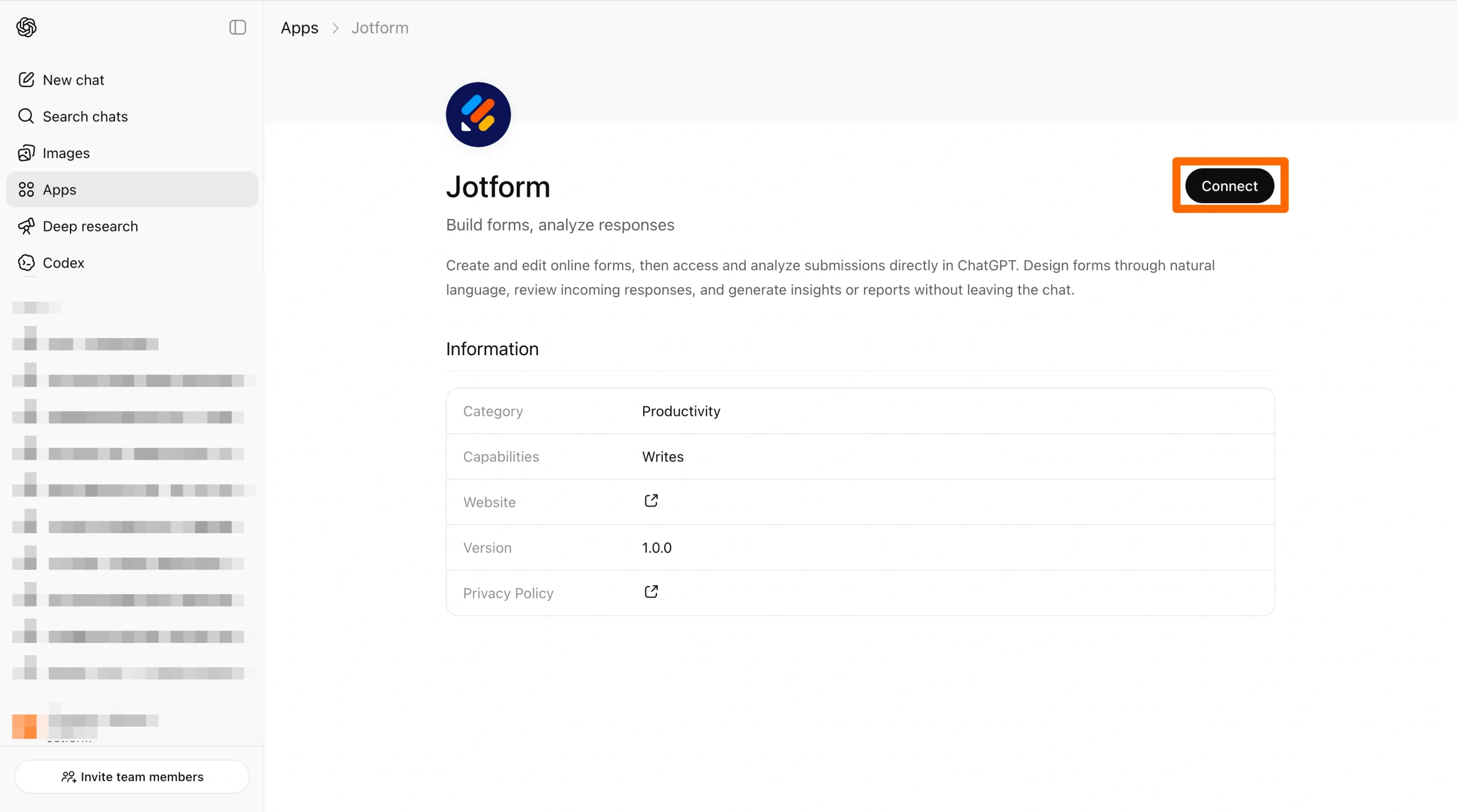 Screenshot of the Jotform integration screen in ChatGPT with the “Connect” button highlighted