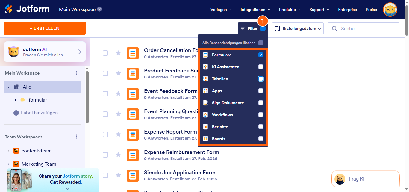 So ändern Sie den Ansichtstyp in Jotform Tabellen Image-1