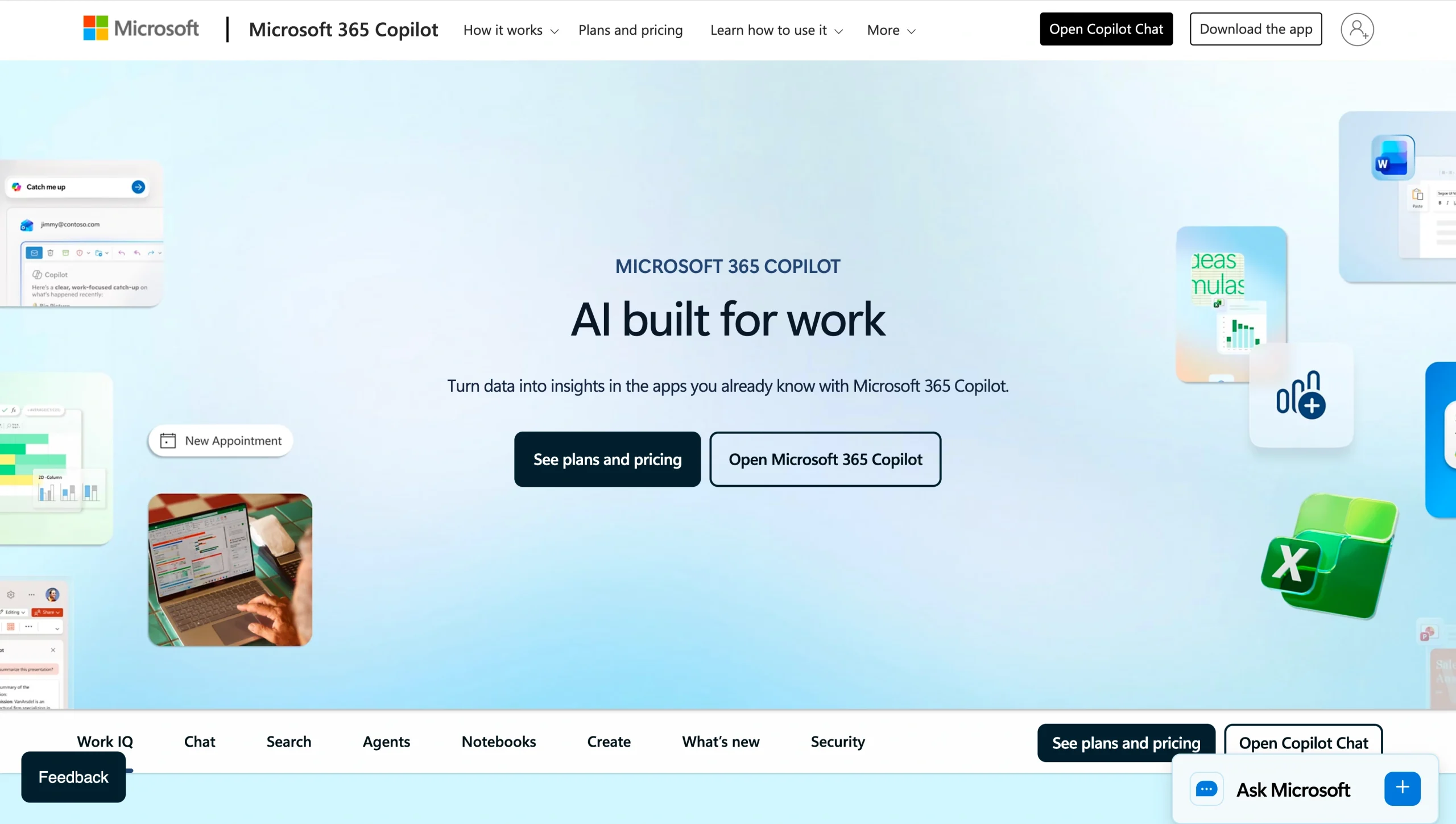 Screenshot of Microsoft 365 Copilot's landing page, showing a headline "AI built for work"