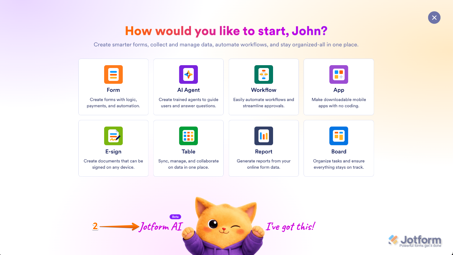 Clicking the Jotform AI button at the bottom of the form creation window to start building a form with AI