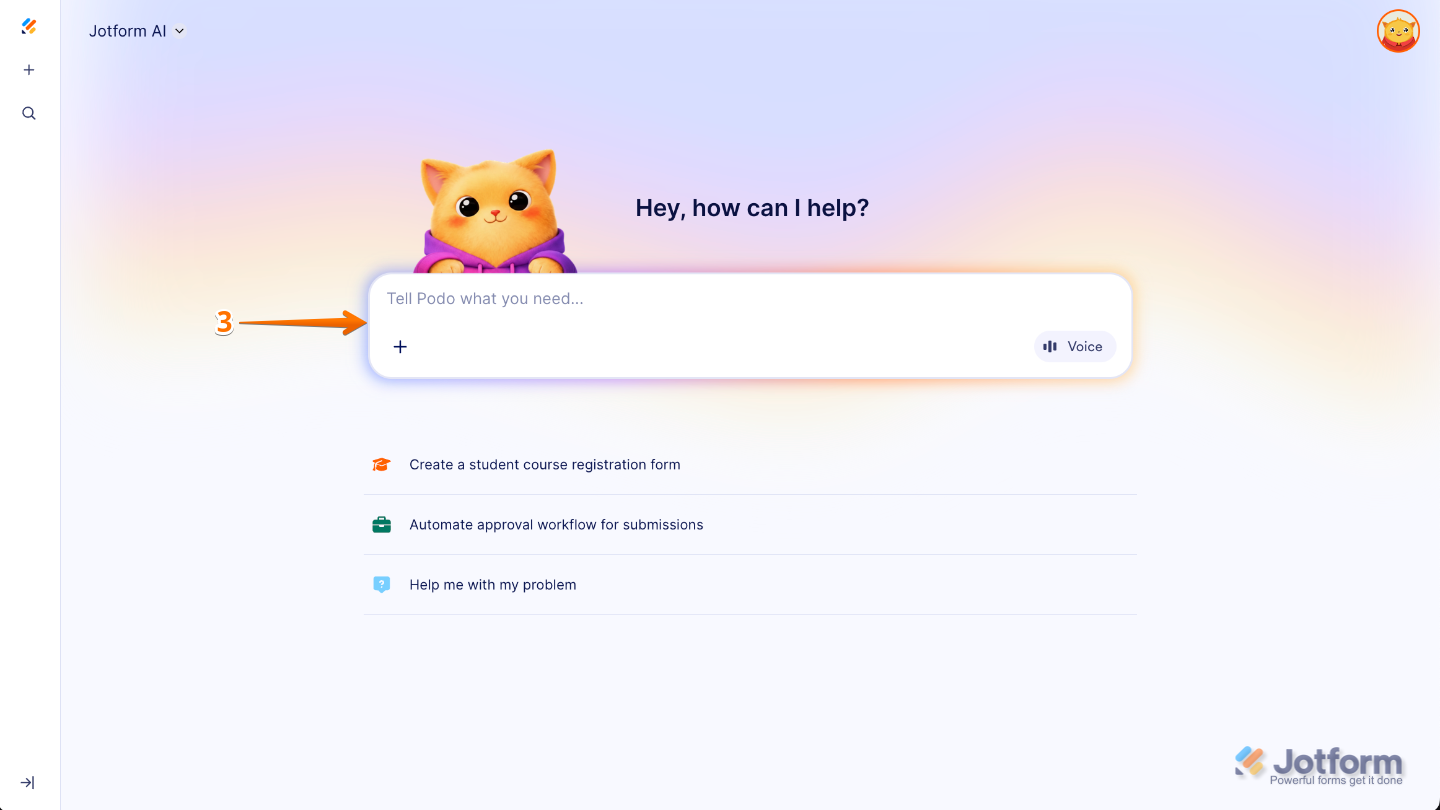 Typing Thank You page instructions in the Jotform AI prompt box to update a specific form in the account