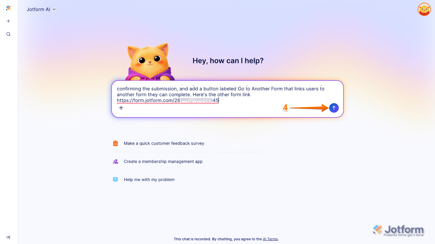 Pressing Enter or clicking the Upward Arrow in the Jotform AI prompt box to apply changes to a form