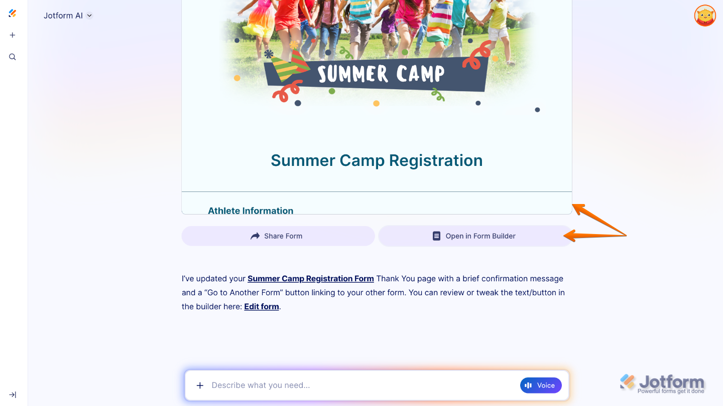 Preview and confirmation message in Jotform AI indicating the form’s Thank You page has been successfully updated