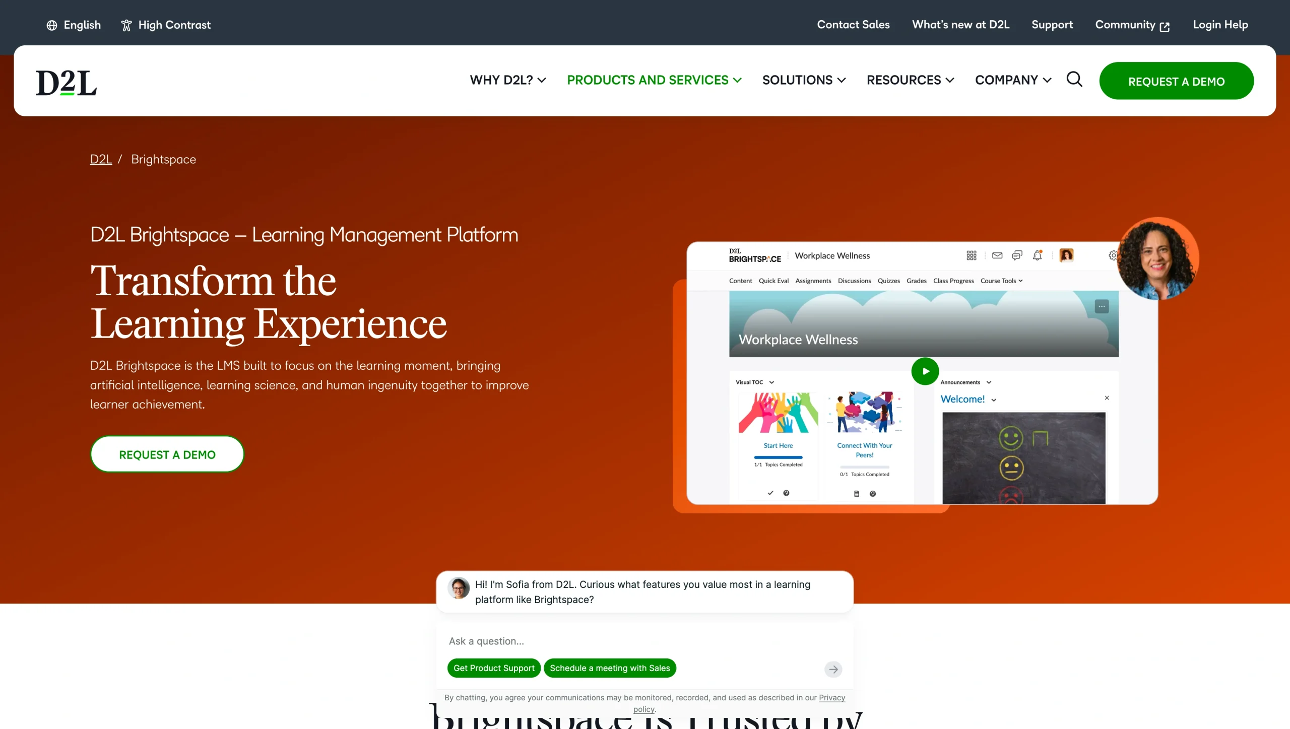 Screenshot of D2L Brightspace landing page, showing a headline "Transform the Learning Experience"