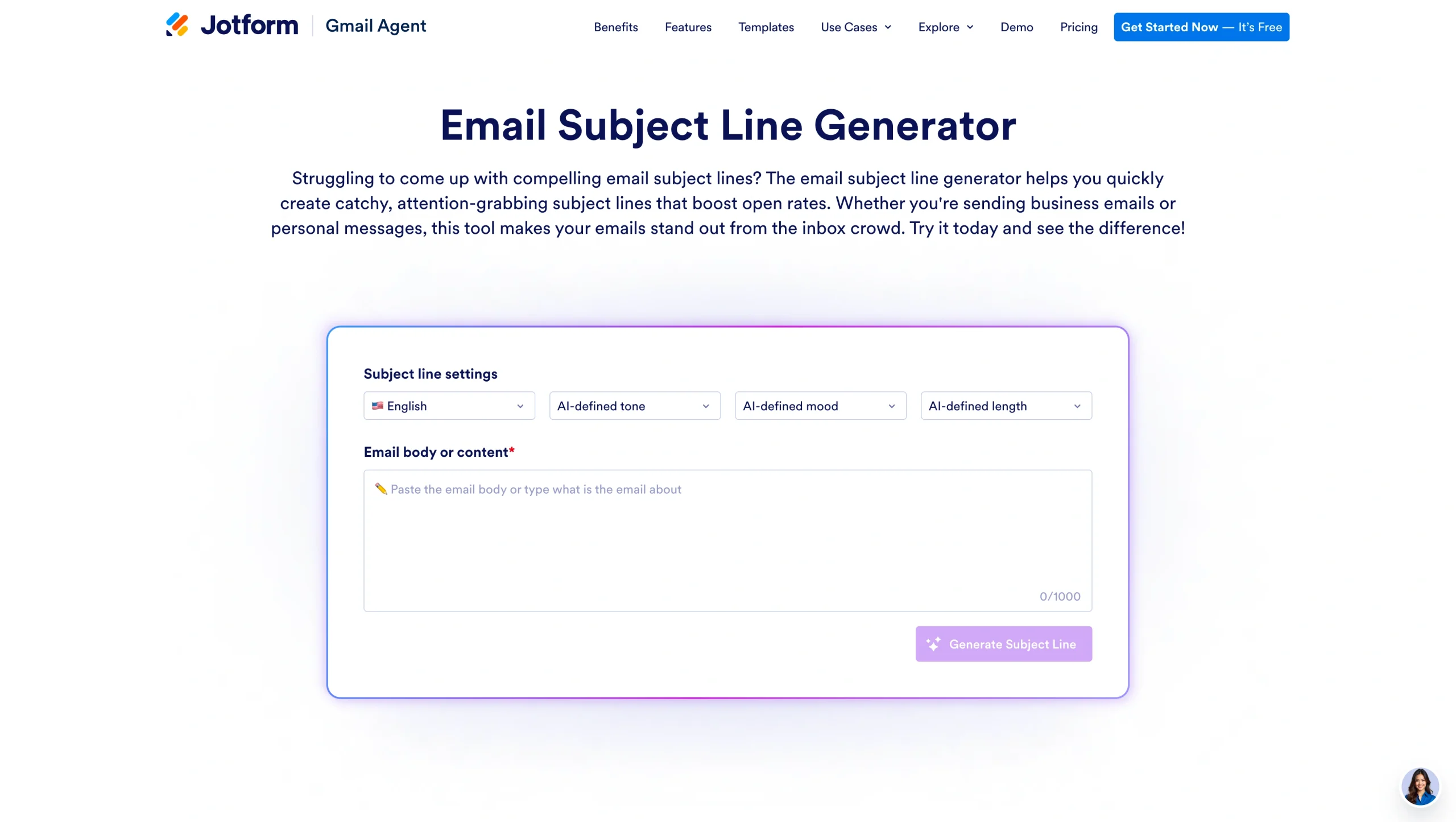 Screenshot of Jotform's Email Subject Line Generator landing page