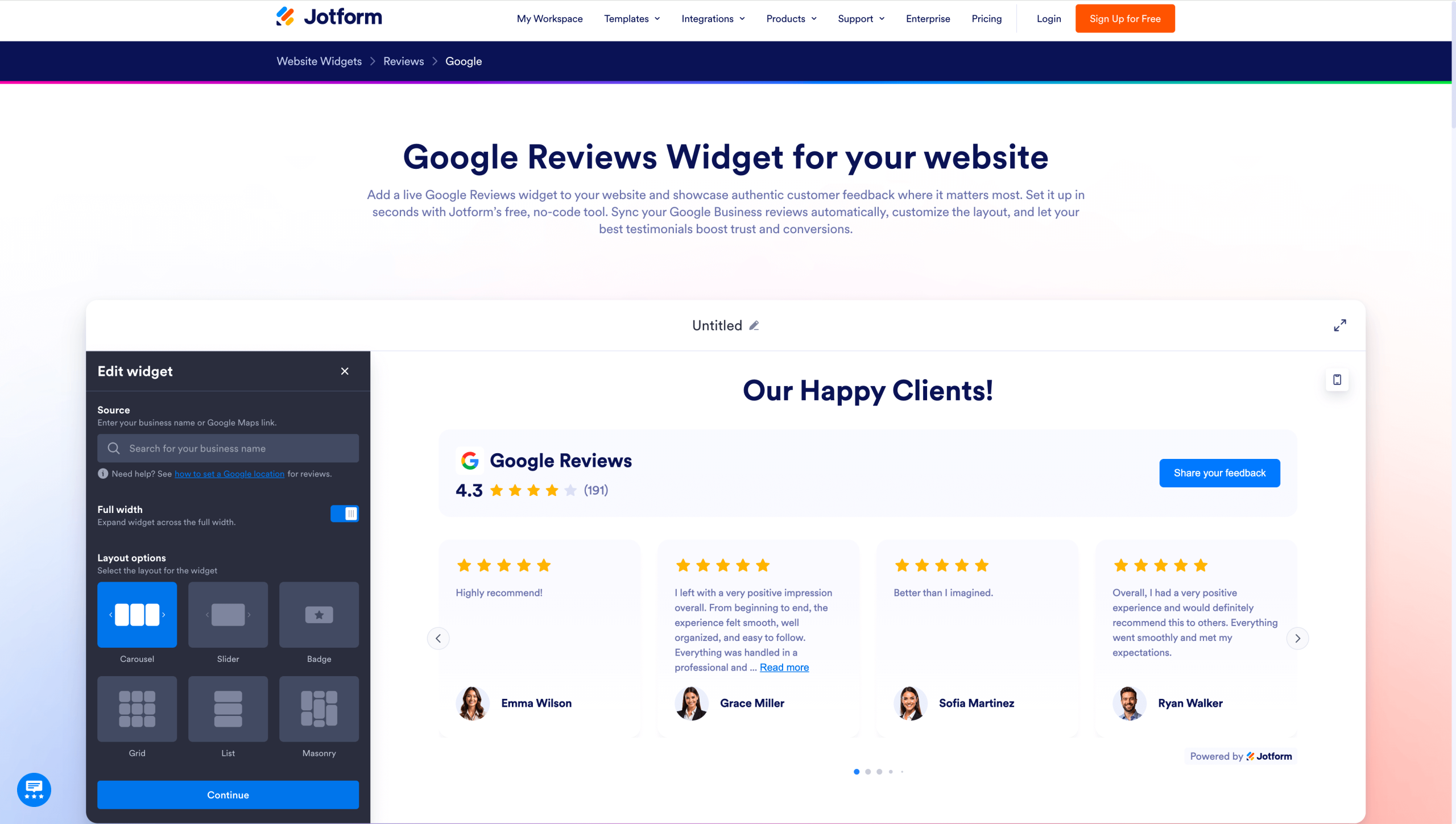 Screenshot of Jotform's Google Reviews Widget landing page, showing a headline "Google Reviews Widget for your website"