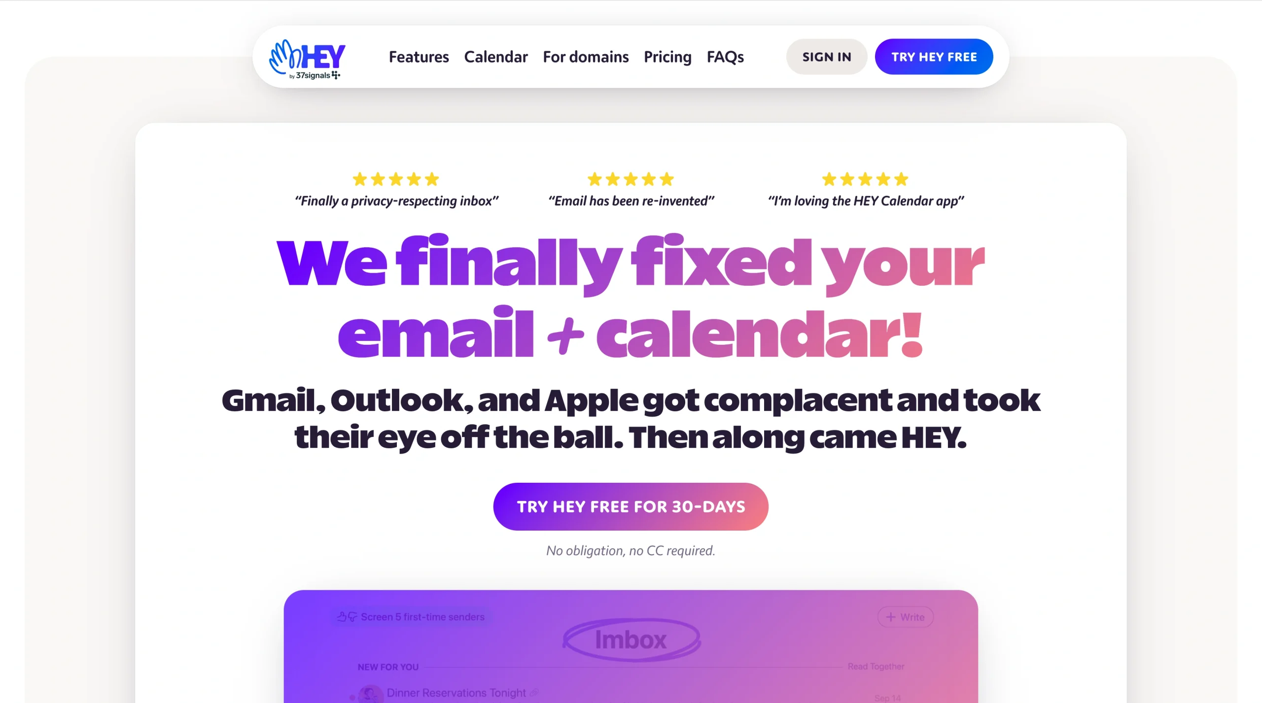 Screenshot of HEY's landing page, showing a headline "We finally fixed your email + calendar!"