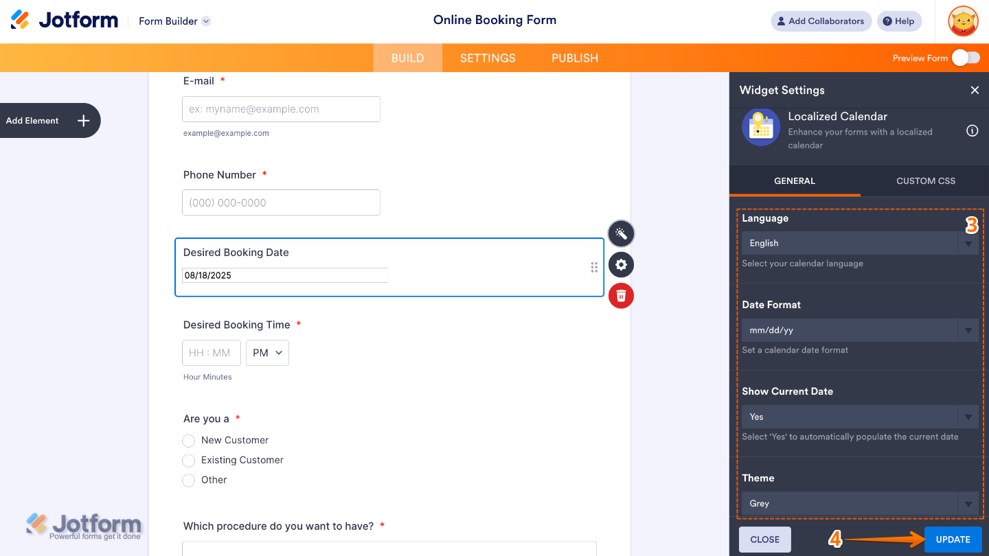 Configuring Localized Calendar widget by selecting language, date format, enabling current date highlight, and choosing a theme