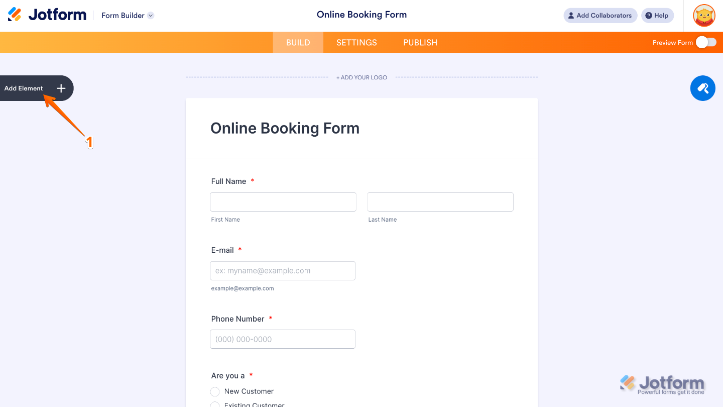 Form Builder interface highlighting the Add Element button on the left sidebar