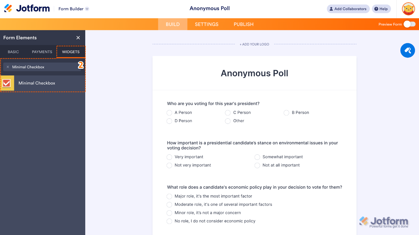 Form Elements menu under Widgets tab showing Minimal Checkbox widget being searched and selected