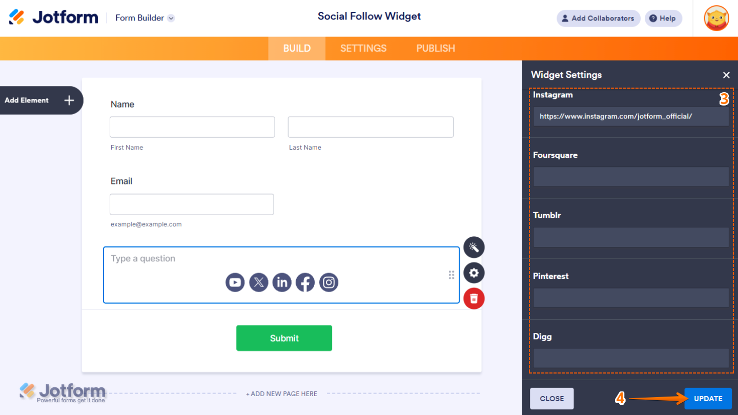 Update button in the Social Follow widget settings