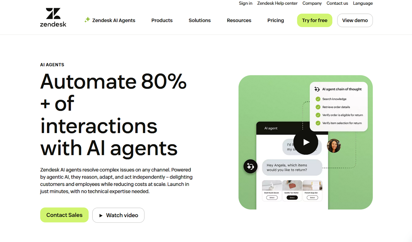 Screenshot of the Zendesk AI Agents landing page, featuring a product overview and links to watch a demo or start a free trial