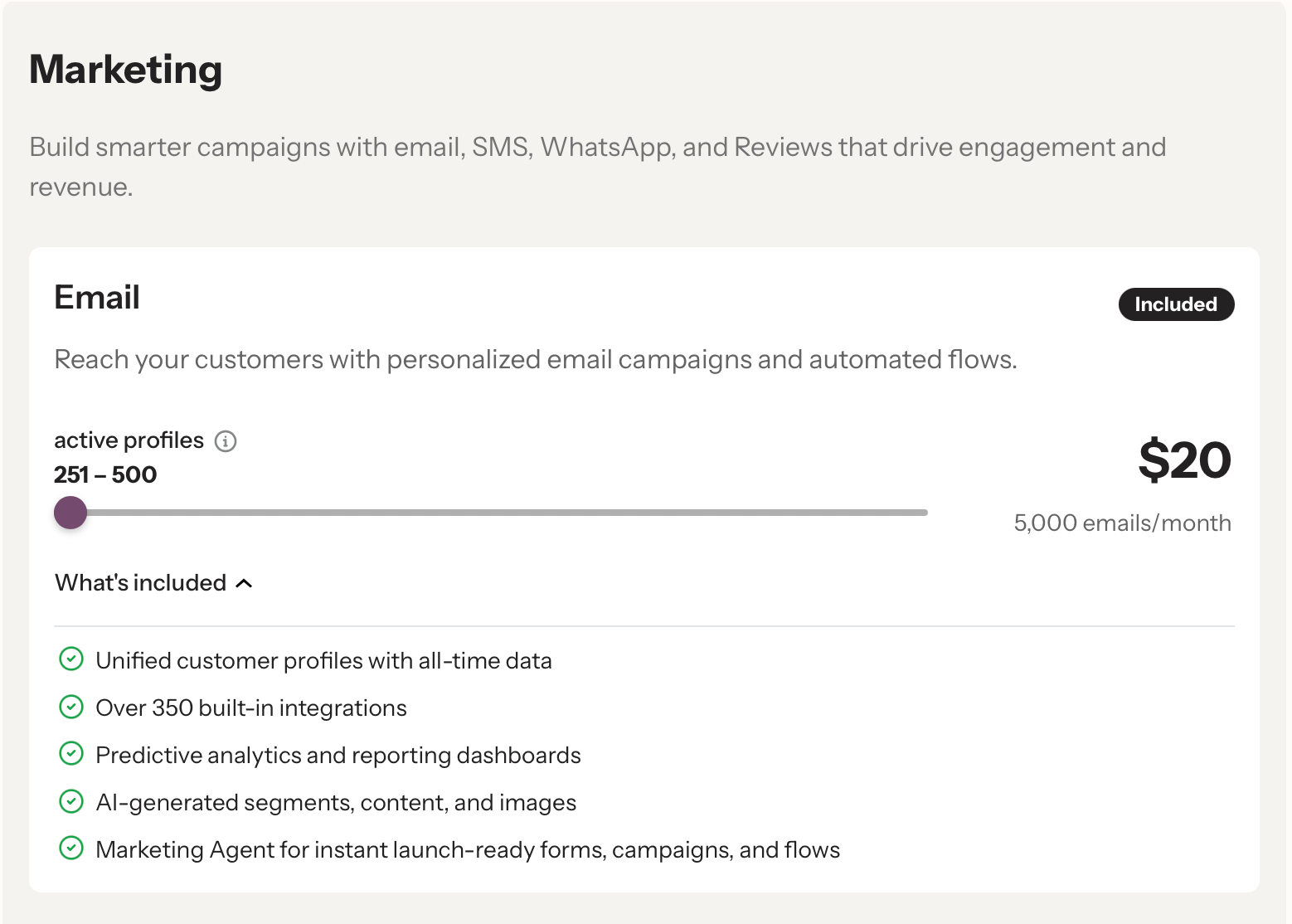 Klaviyo marketing pricing interface showing $20 plan for 251–500 active profiles and included features