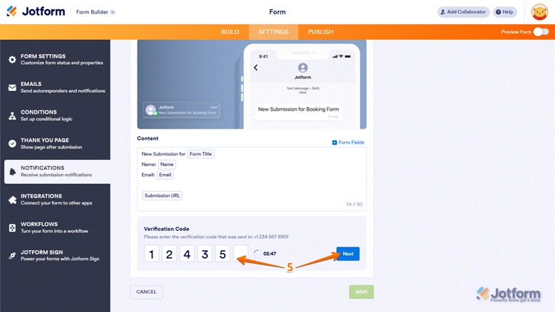 Jotform Form Builder Notification Settings Verification Code