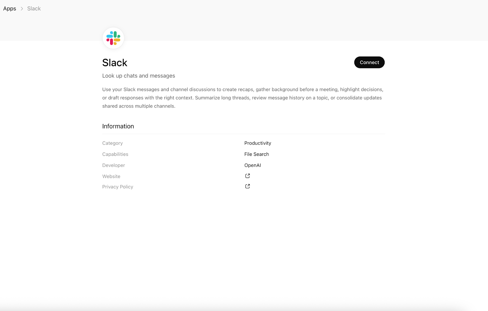 ChatGPT Apps page for Slack showing the Slack logo, a “Connect” button, and the description “Look up chats and messages