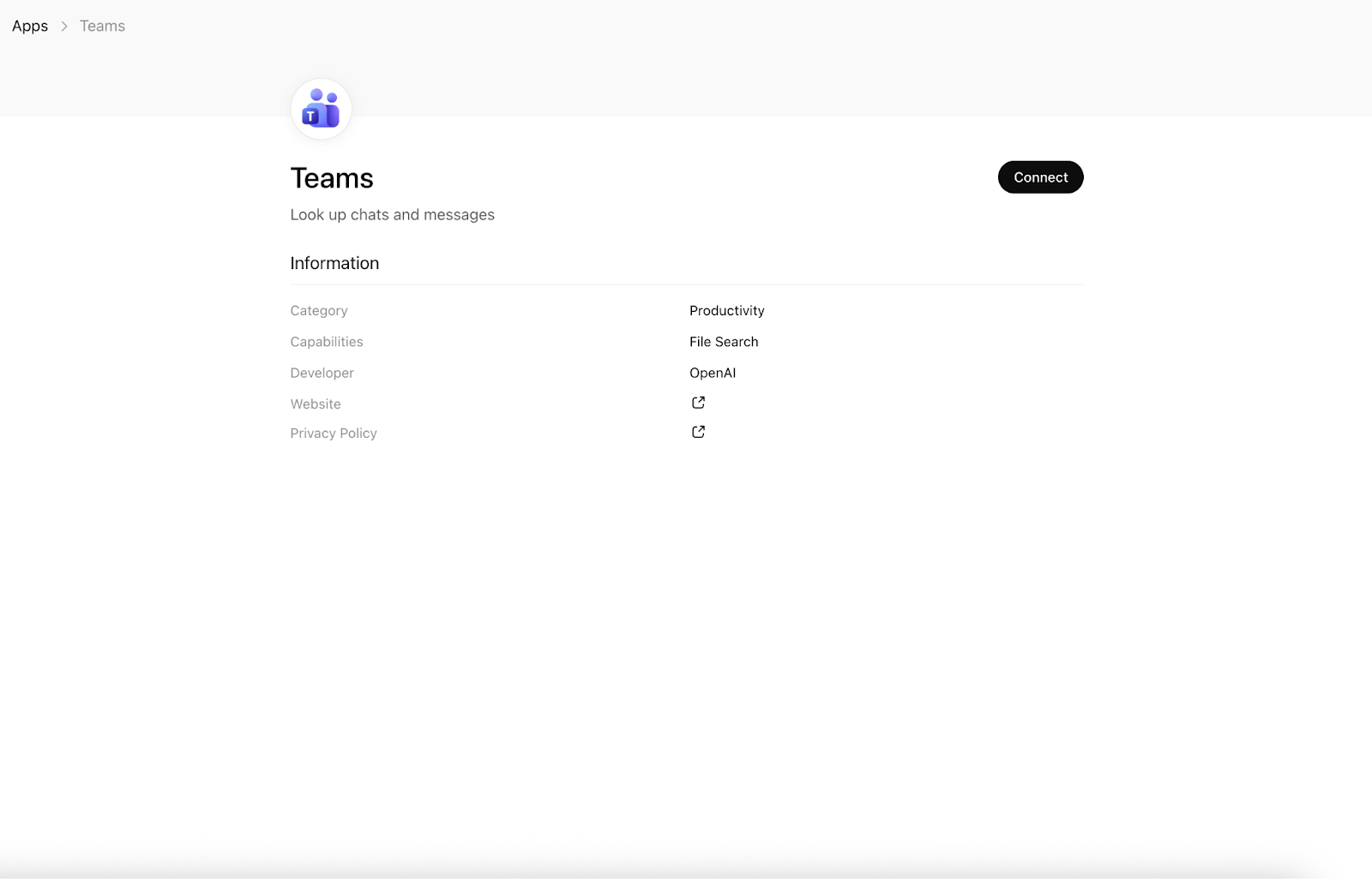ChatGPT Apps page for Microsoft Teams with the Teams logo, a “Connect” button, and the description “Look up chats and messages