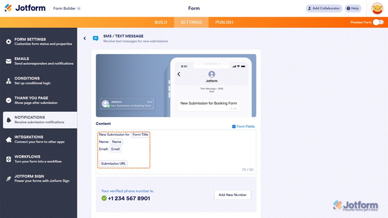 Jotform Form Builder Notification Settings SMS Message Customization