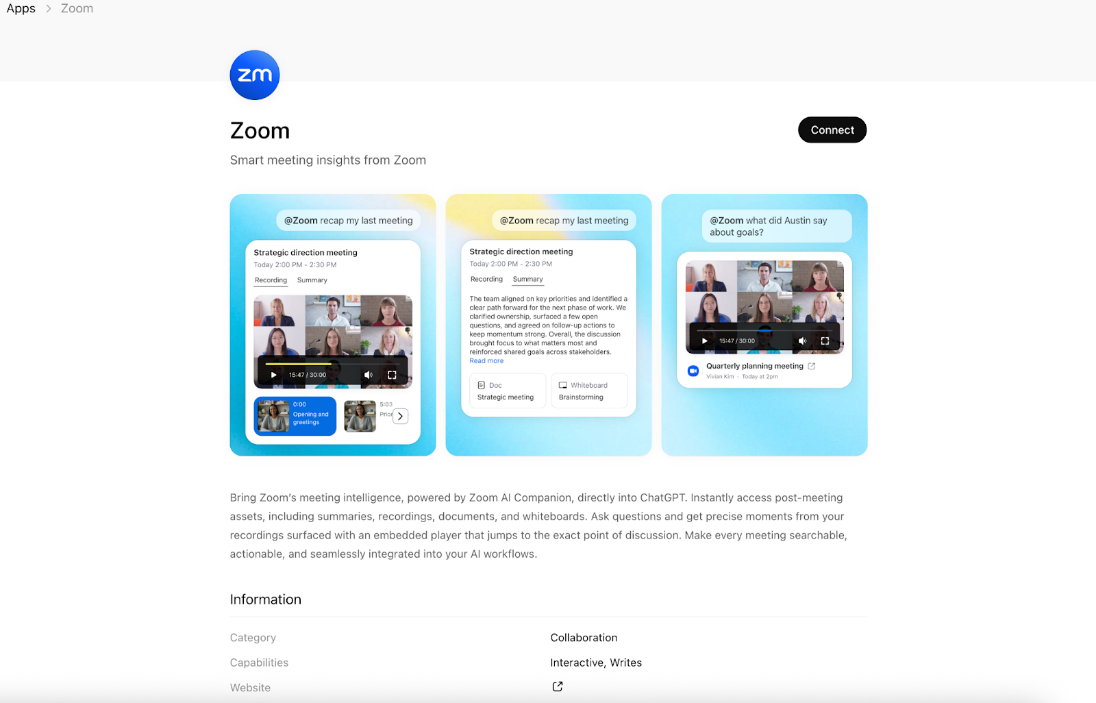 ChatGPT Apps page for Zoom titled “Smart meeting insights from Zoom,” with a “Connect” button